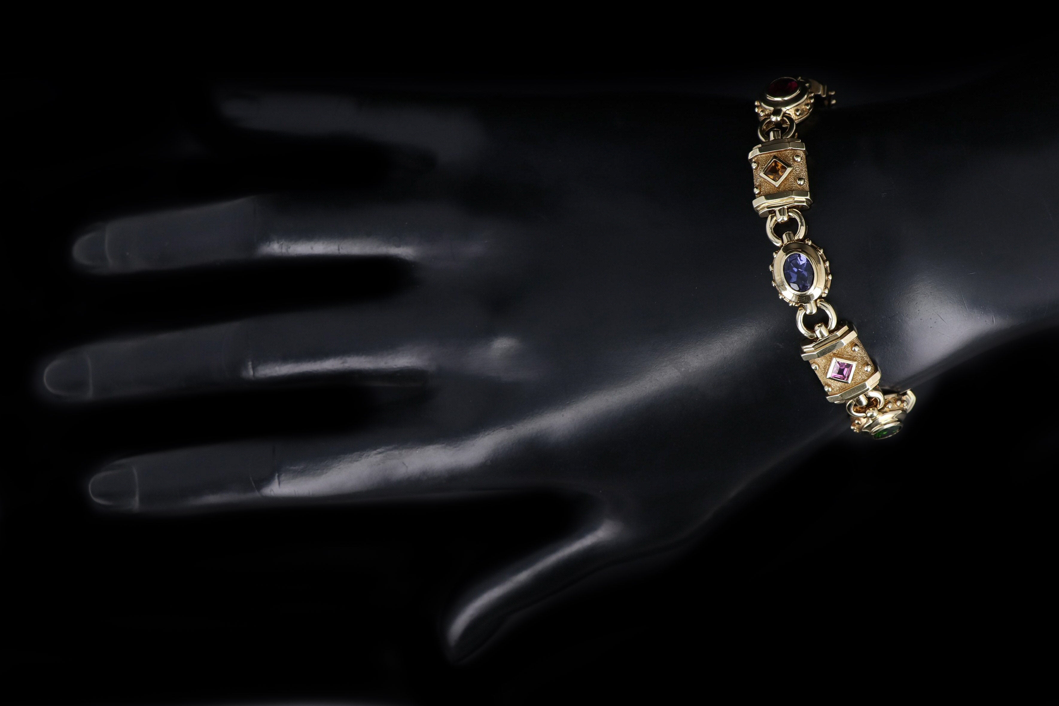 Vintage 14K Yellow Gold Multi Gem Link Bracelet - Queen May