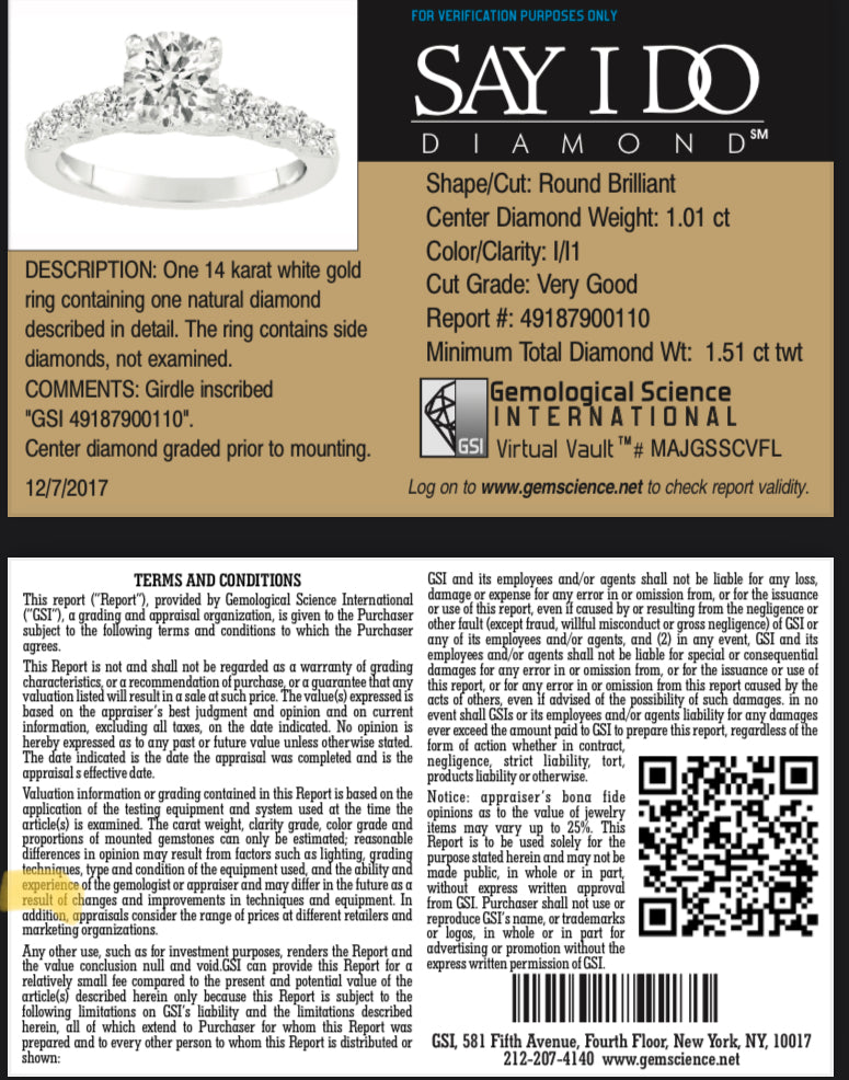 14K White Gold 1.01 Carat Round Brilliant Diamond Engagement GSI Certified - Queen May