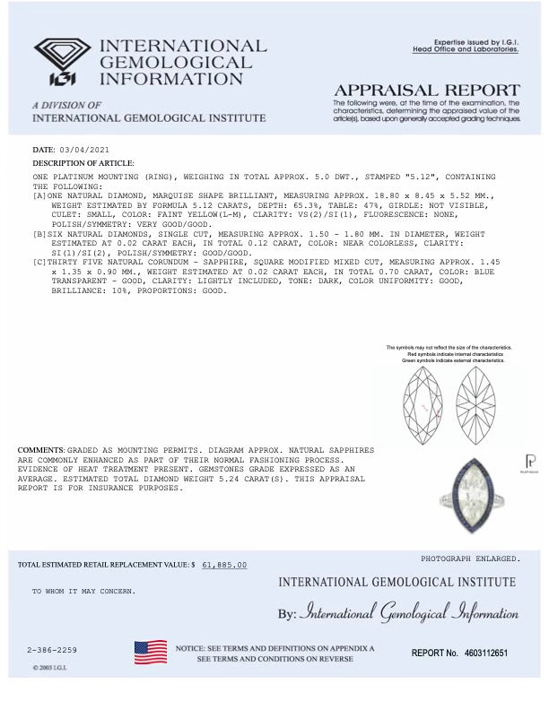 Art Deco Inspired Platinum 5.11 Carat Marquise Cut Diamond & Sapphire Ring GIA Certified - Queen May