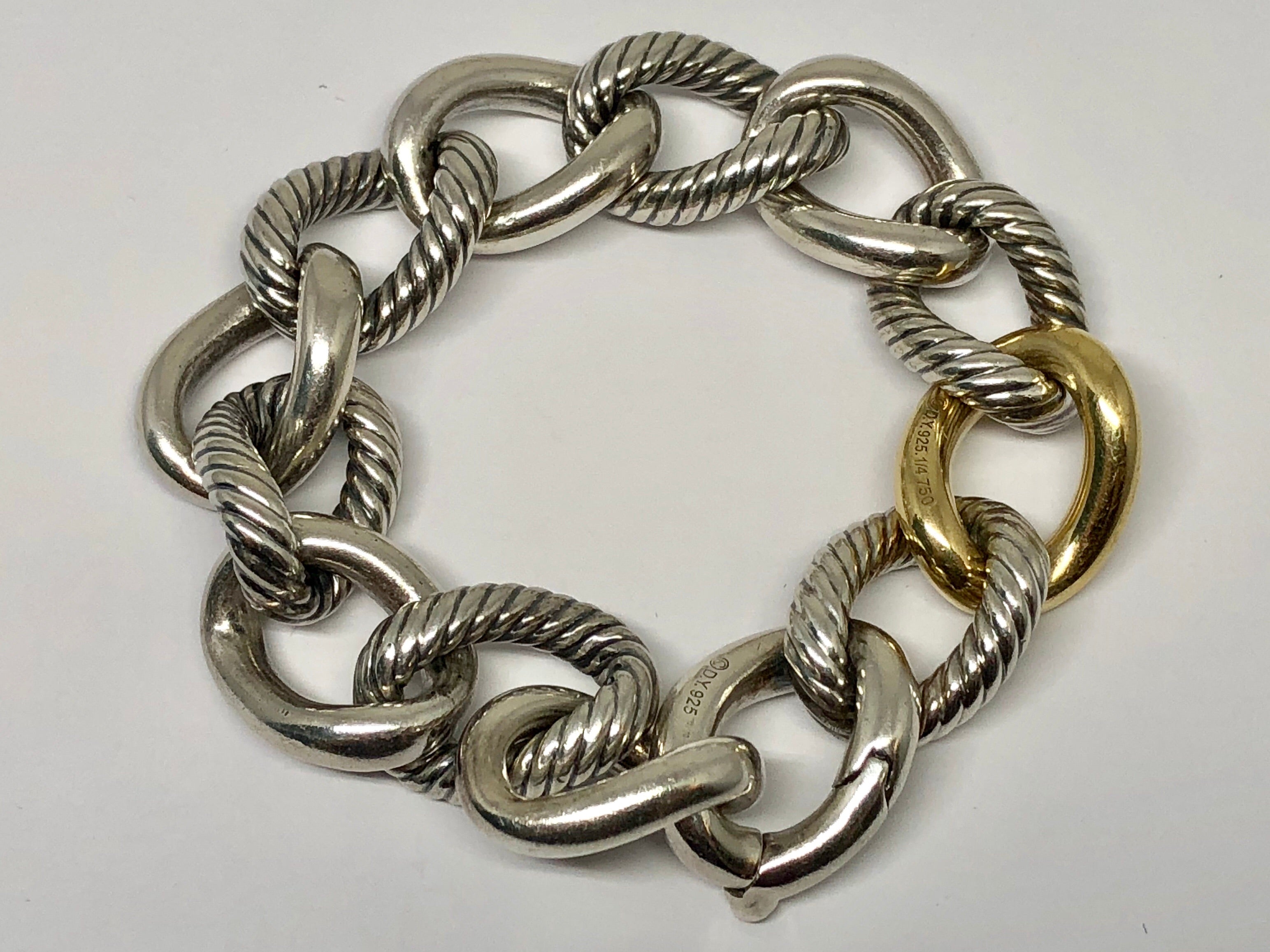 David Yurman Sterling Silver & 18K Gold Two Tone Curb Chain Link Bracelet 7.6" - Queen May
