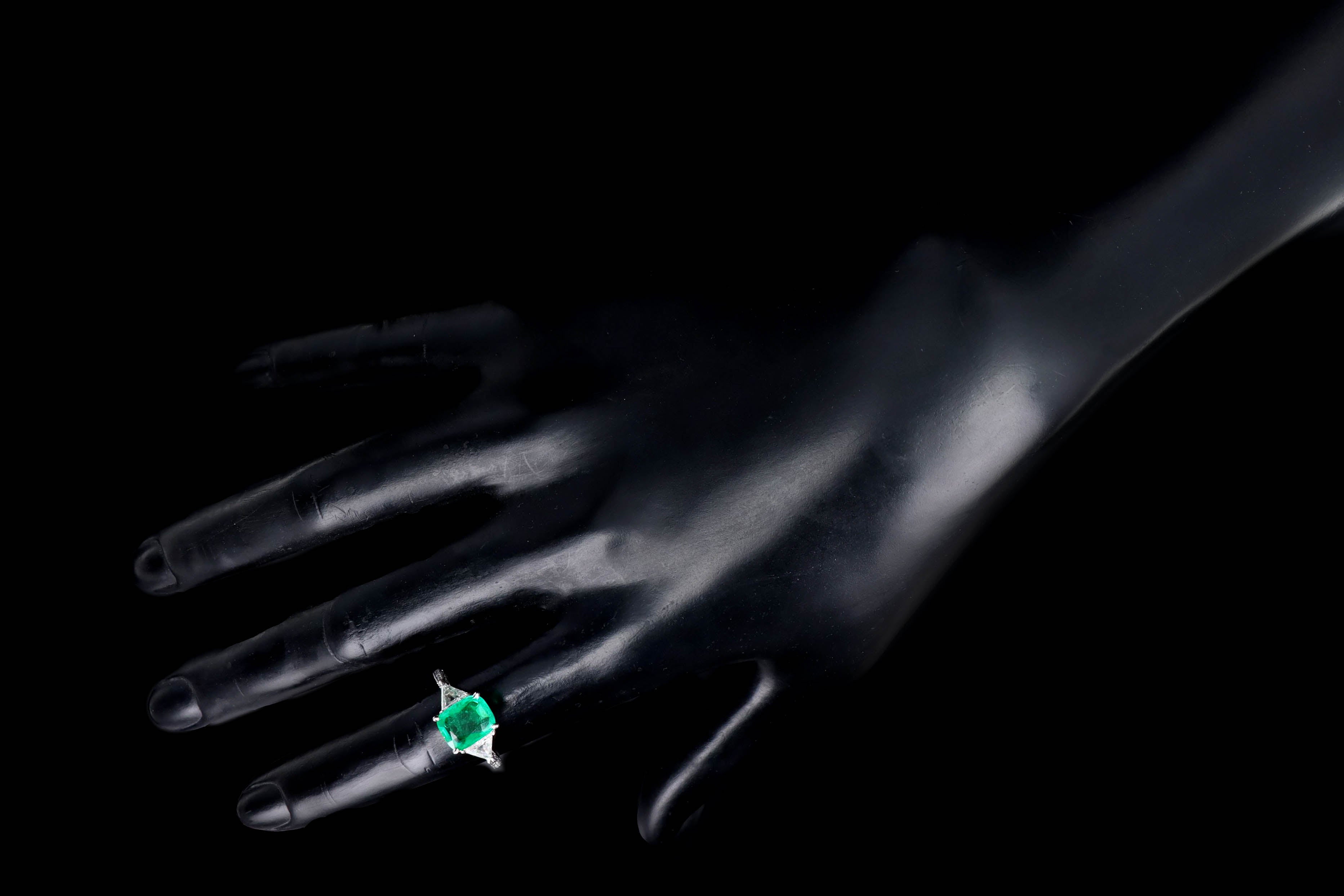 Platinum 1.99 Carat Natural Emerald & Trillion Cut Diamond Ring - Queen May