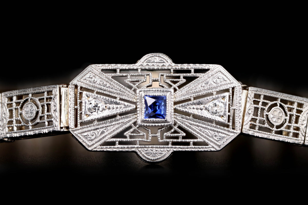 Art Deco 14K White Gold .20 Carat Synthetic Sapphire & Diamond Filigree Bracelet - Queen May