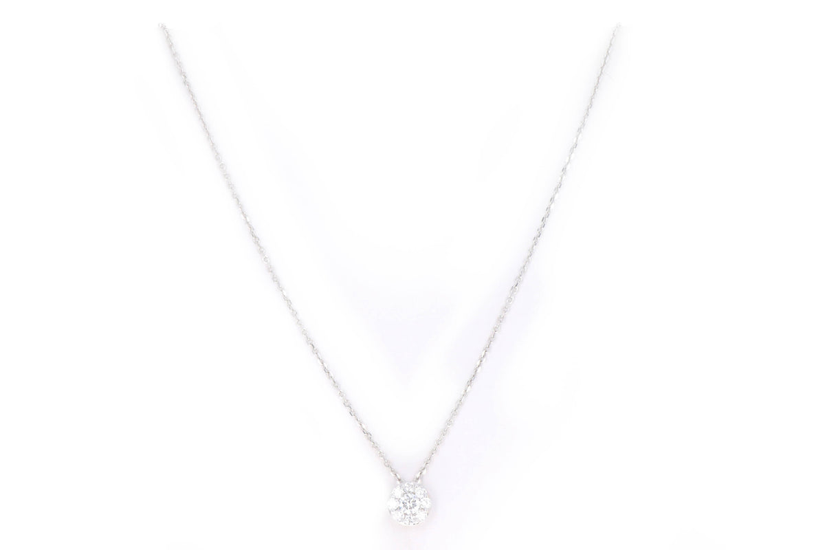 14K White Gold 0.85 Carat Total Weight Round Brilliant Diamond Cluster Halo Pendant Necklace - Queen May