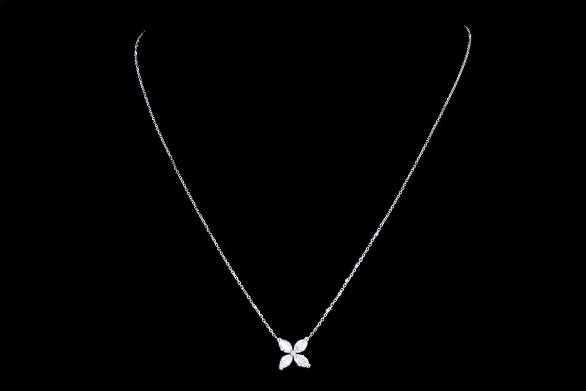14K White Gold 1.03 Carat Total Weight Marquise Diamond Floral Pendant Necklace - Queen May
