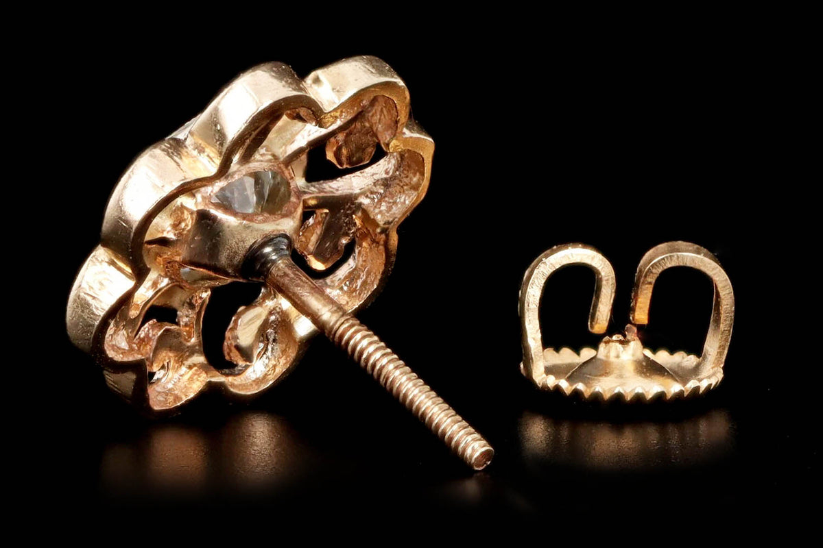 Art Deco 14K Gold Two Tone 1 Carat Total Weight Old European Diamond Geometric Screw Back Stud Earrings - Queen May