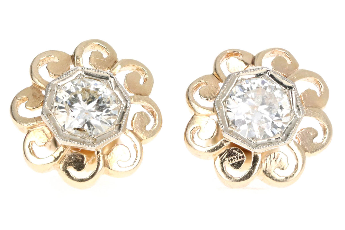 Art Deco 14K Gold Two Tone 1 Carat Total Weight Old European Diamond Geometric Screw Back Stud Earrings - Queen May