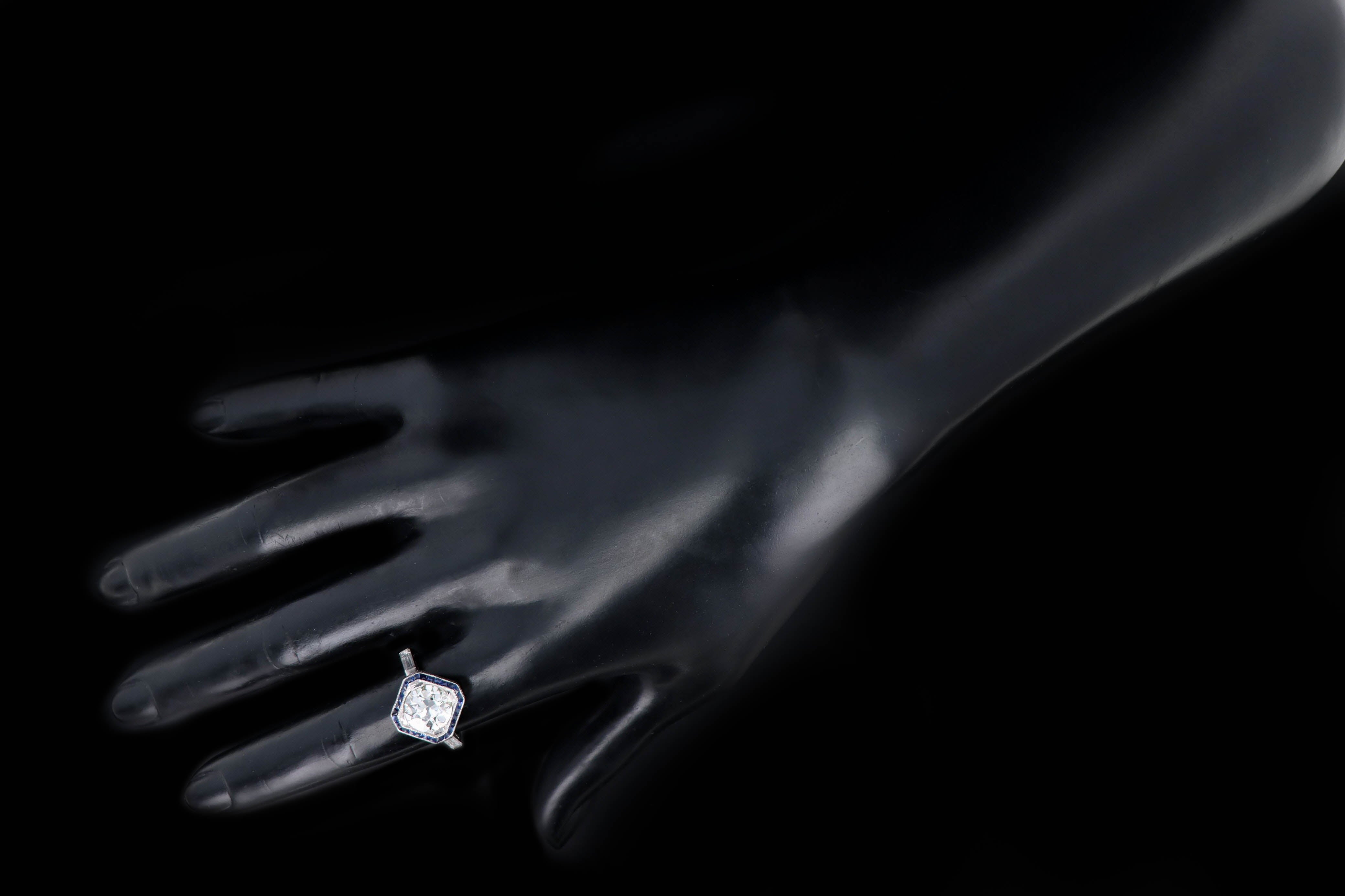 Art Deco 2.75 Carat Old European Diamond & Synthetic Sapphire Geometric Halo Engagement Ring GIA Certified - Queen May
