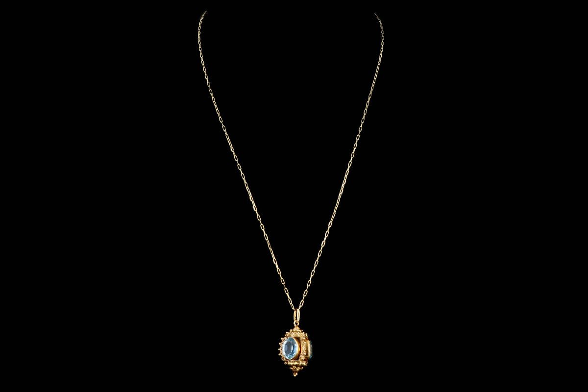 Mid Century Italian Etruscan Revival 18K Yellow Gold Blue Glass Charm Pendant Necklace - Queen May