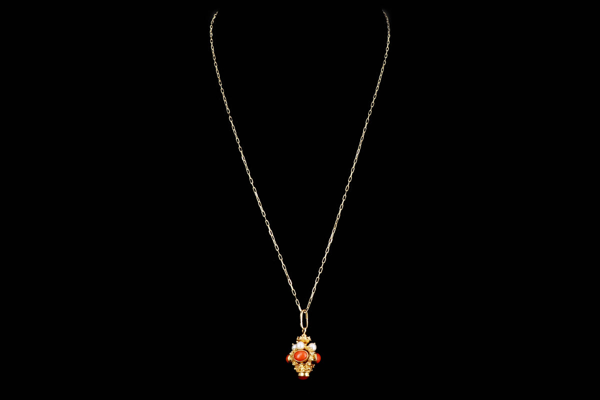 Mid Century Italian Etruscan Revival 18K Yellow Gold Coral & Cultured Pearl Charm Pendant Necklace - Queen May