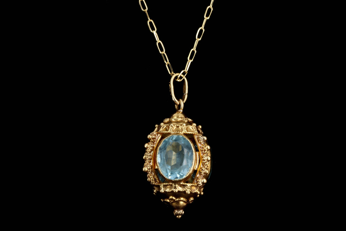 Mid Century Italian Etruscan Revival 18K Yellow Gold Blue Glass Charm Pendant Necklace - Queen May