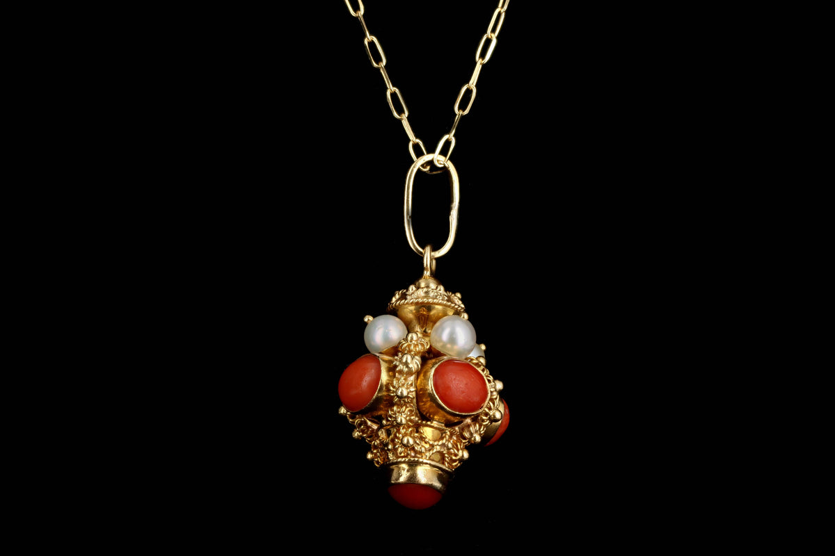 Mid Century Italian Etruscan Revival 18K Yellow Gold Coral & Cultured Pearl Charm Pendant Necklace - Queen May