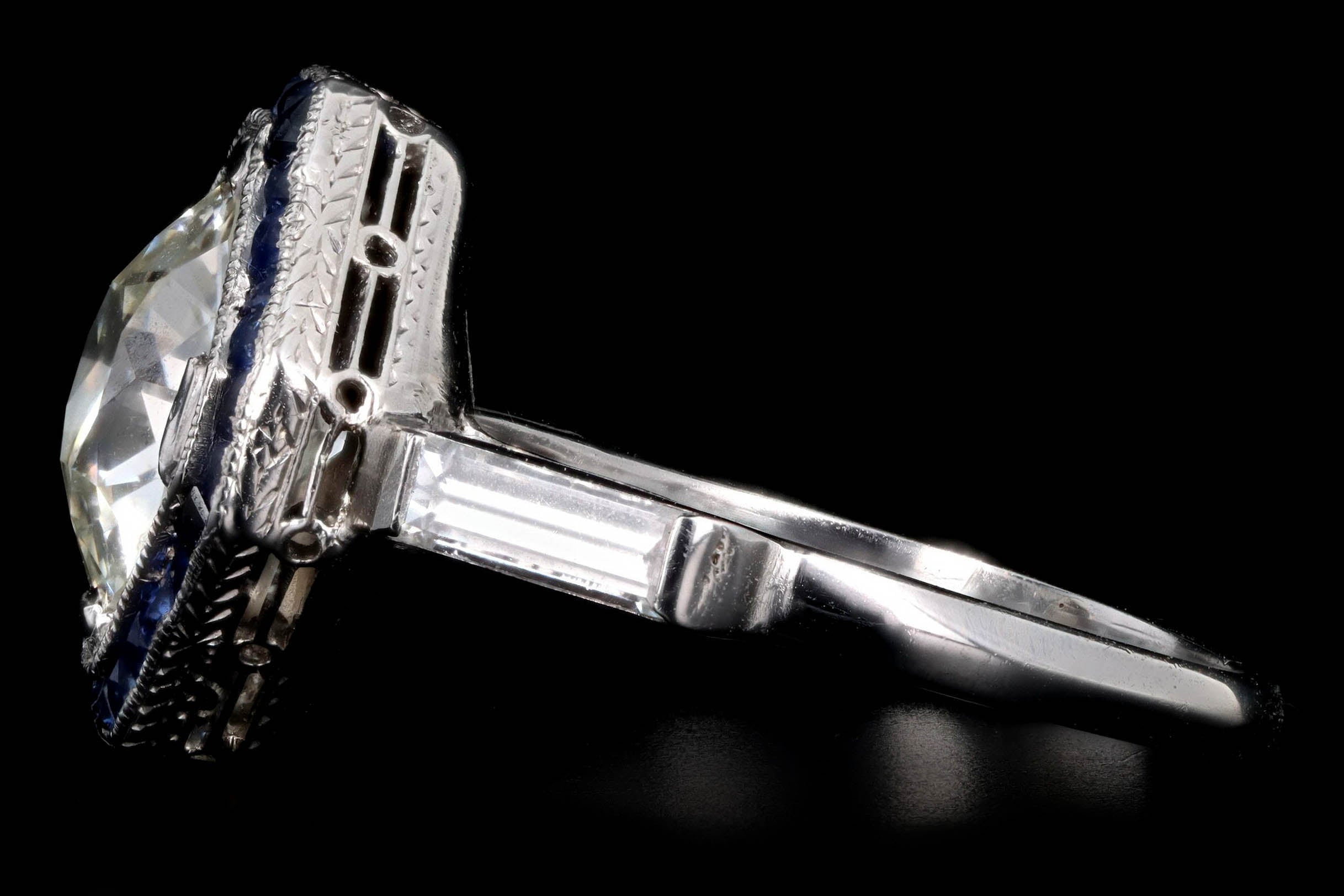 Art Deco 2.75 Carat Old European Diamond & Synthetic Sapphire Geometric Halo Engagement Ring GIA Certified - Queen May
