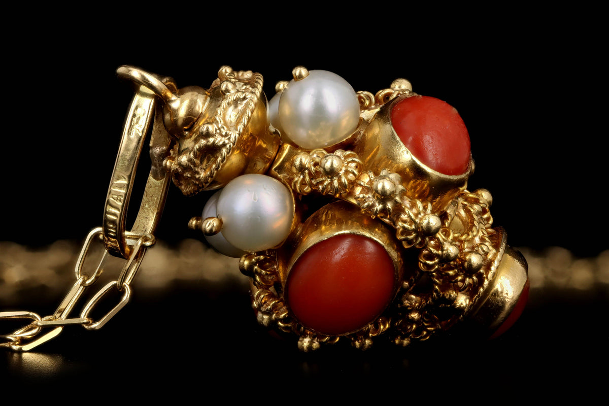 Mid Century Italian Etruscan Revival 18K Yellow Gold Coral & Cultured Pearl Charm Pendant Necklace - Queen May