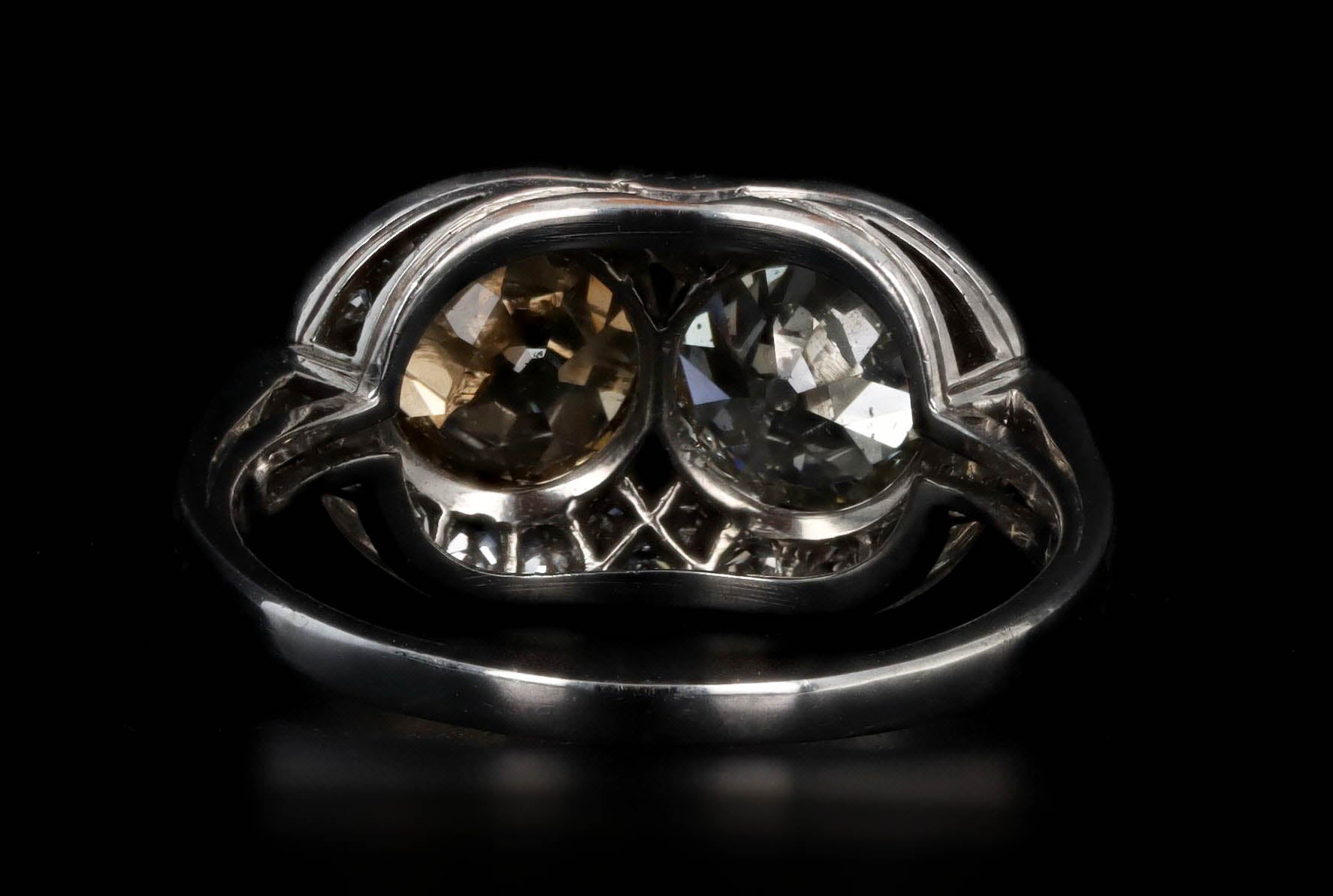 Art Deco Fancy Peach Old Mine Cut Diamond Two Stone Ring in Platinum - Queen May
