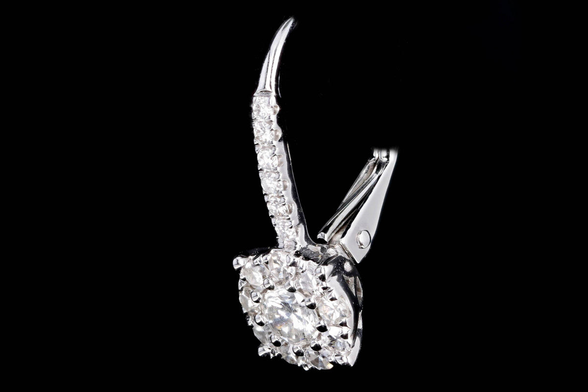 18K White Gold .66 Carat Total Weight Round Diamond Halo Cluster Drop Earrings - Queen May