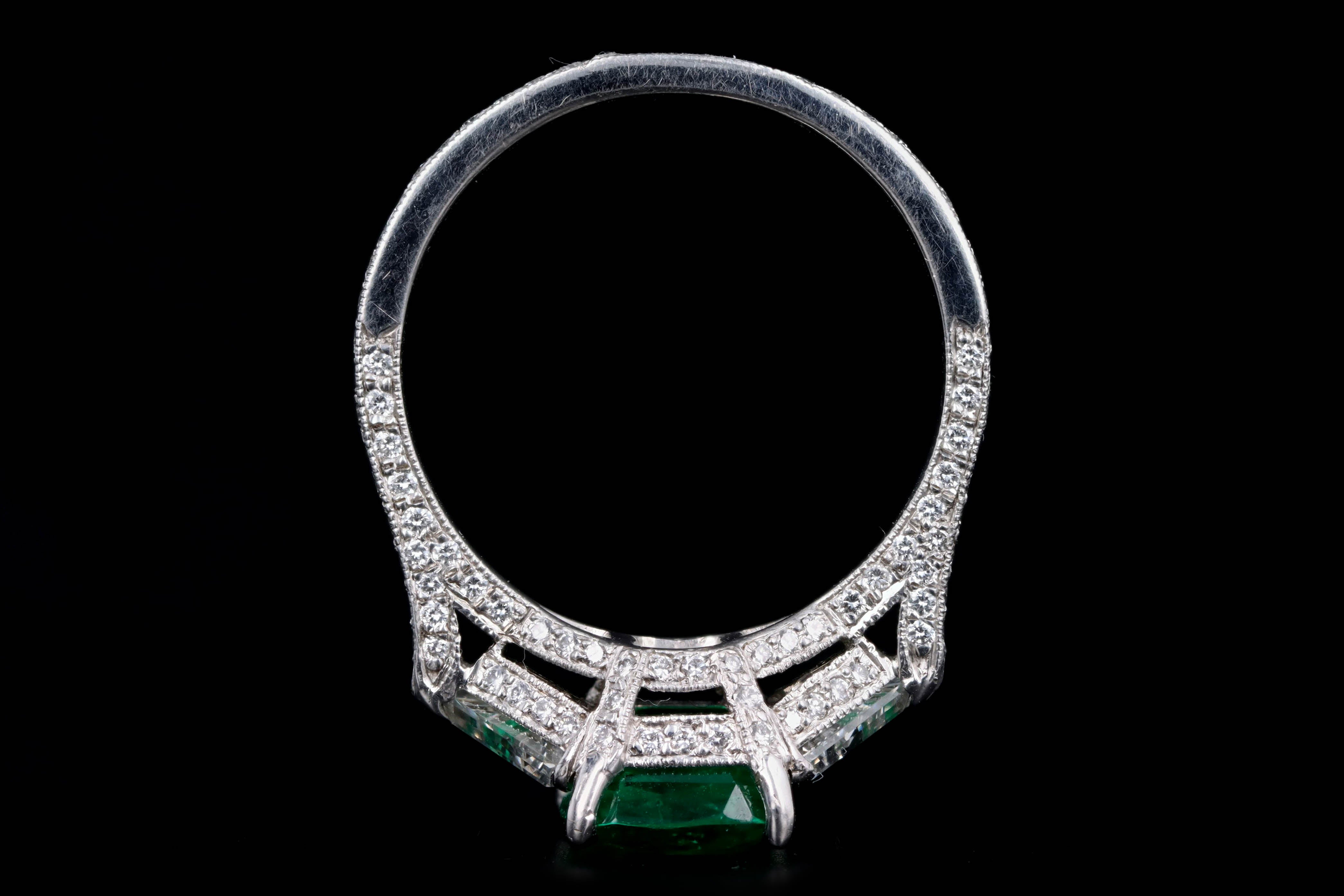 Platinum 1.99 Carat Natural Emerald & Trillion Cut Diamond Ring - Queen May