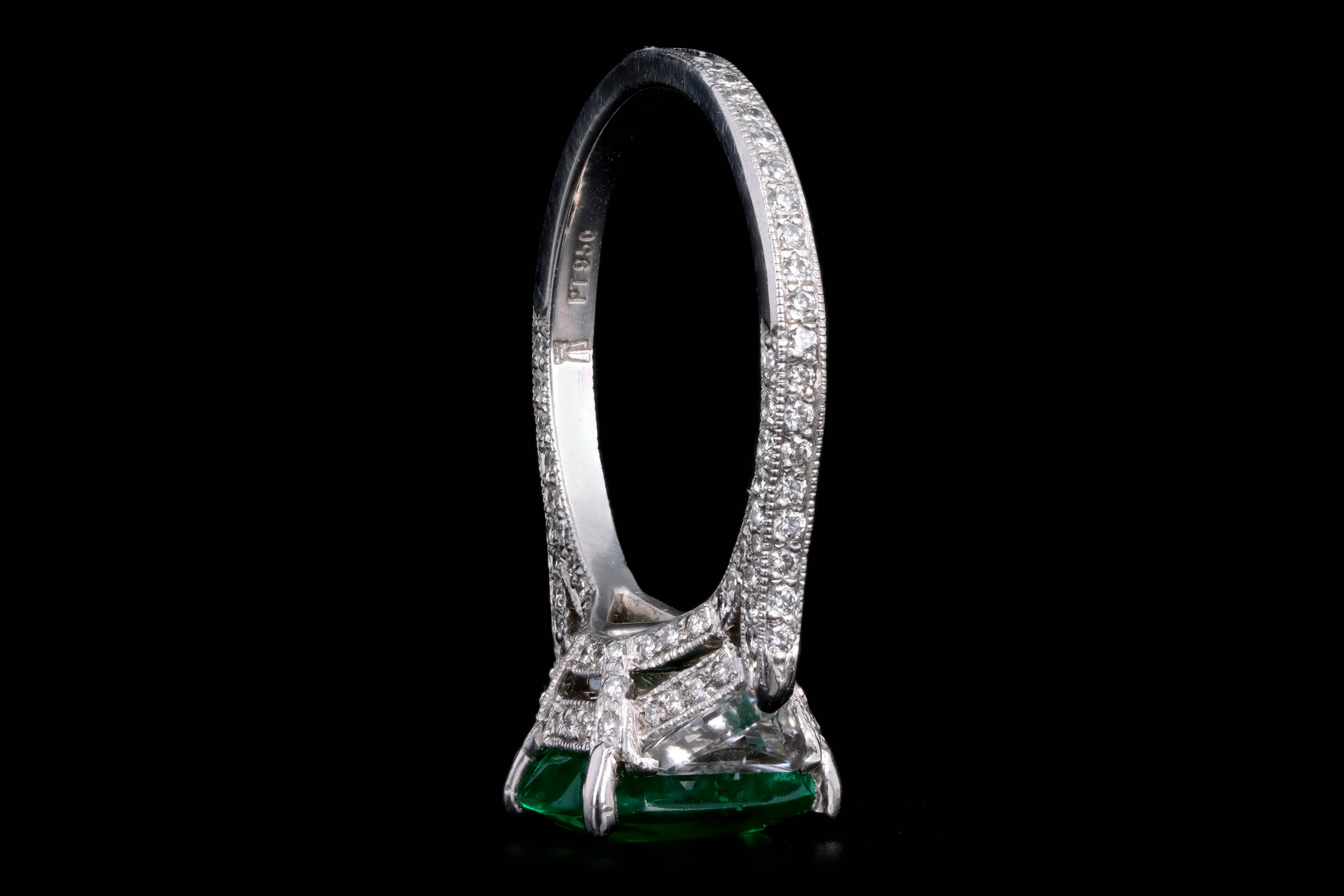 Platinum 1.99 Carat Natural Emerald & Trillion Cut Diamond Ring - Queen May