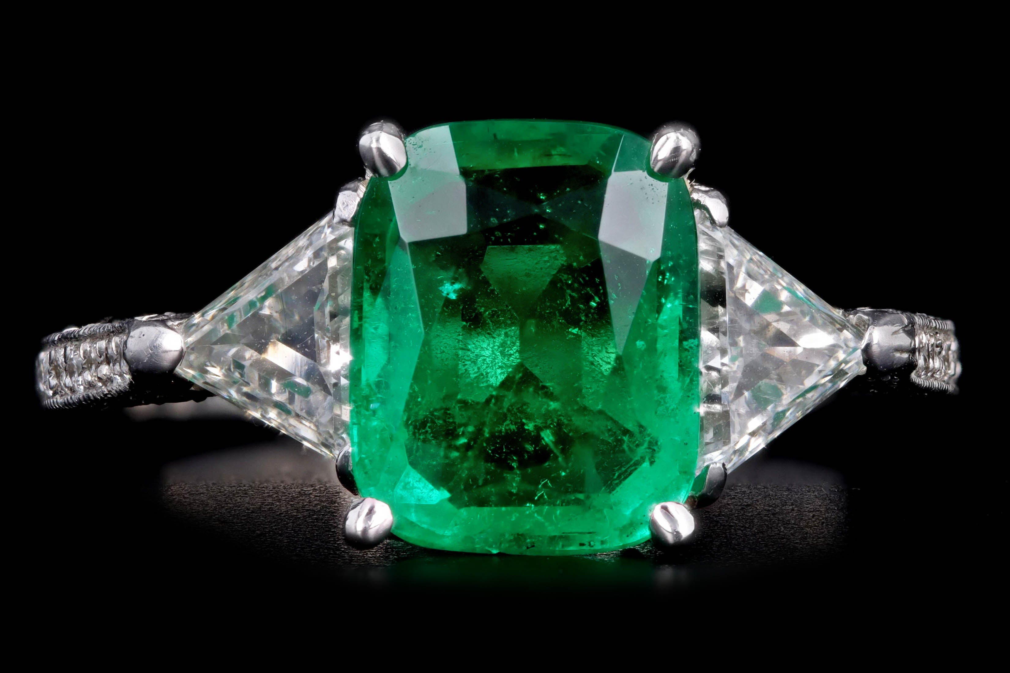 Platinum 1.99 Carat Natural Emerald & Trillion Cut Diamond Ring - Queen May