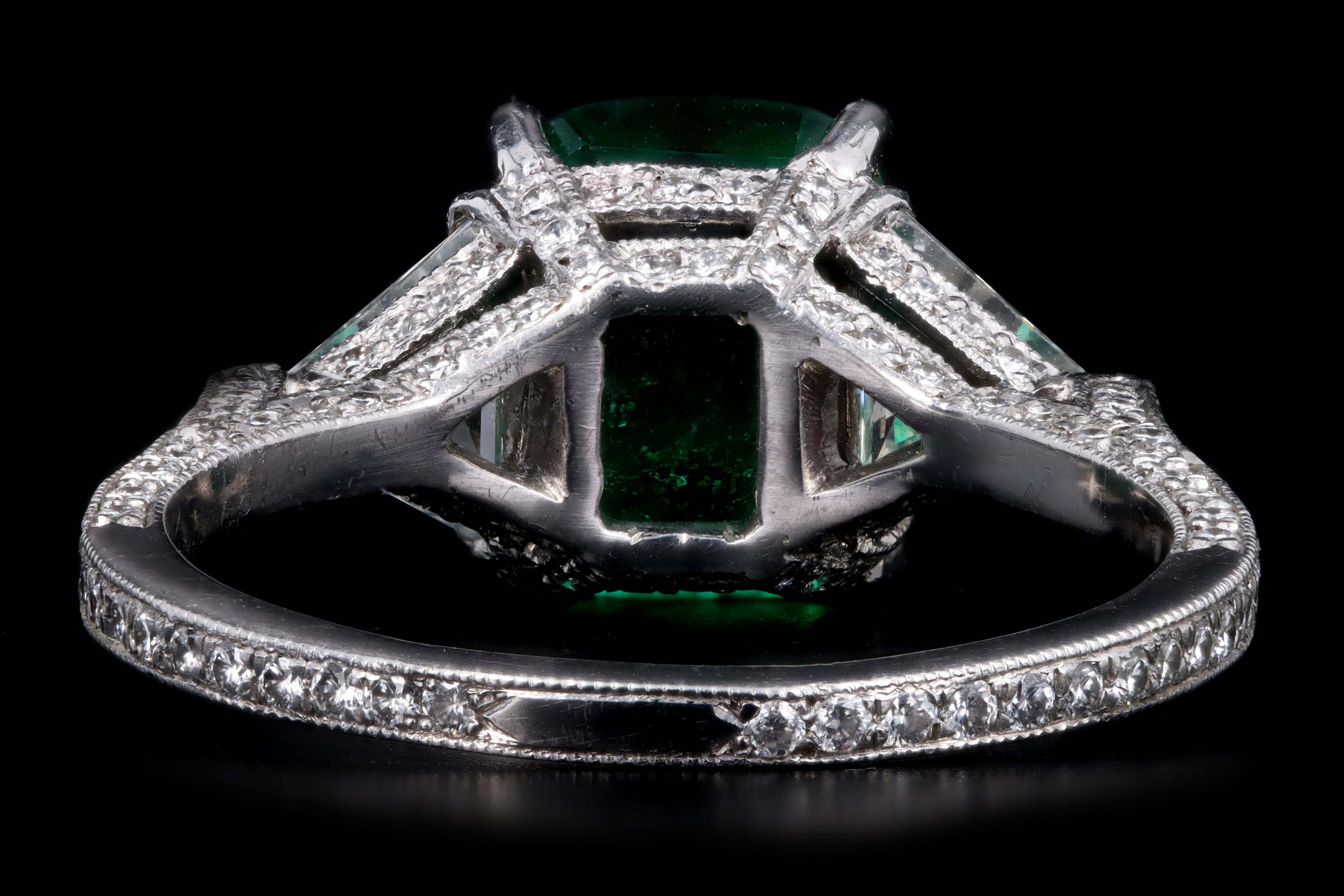 Platinum 1.99 Carat Natural Emerald & Trillion Cut Diamond Ring - Queen May