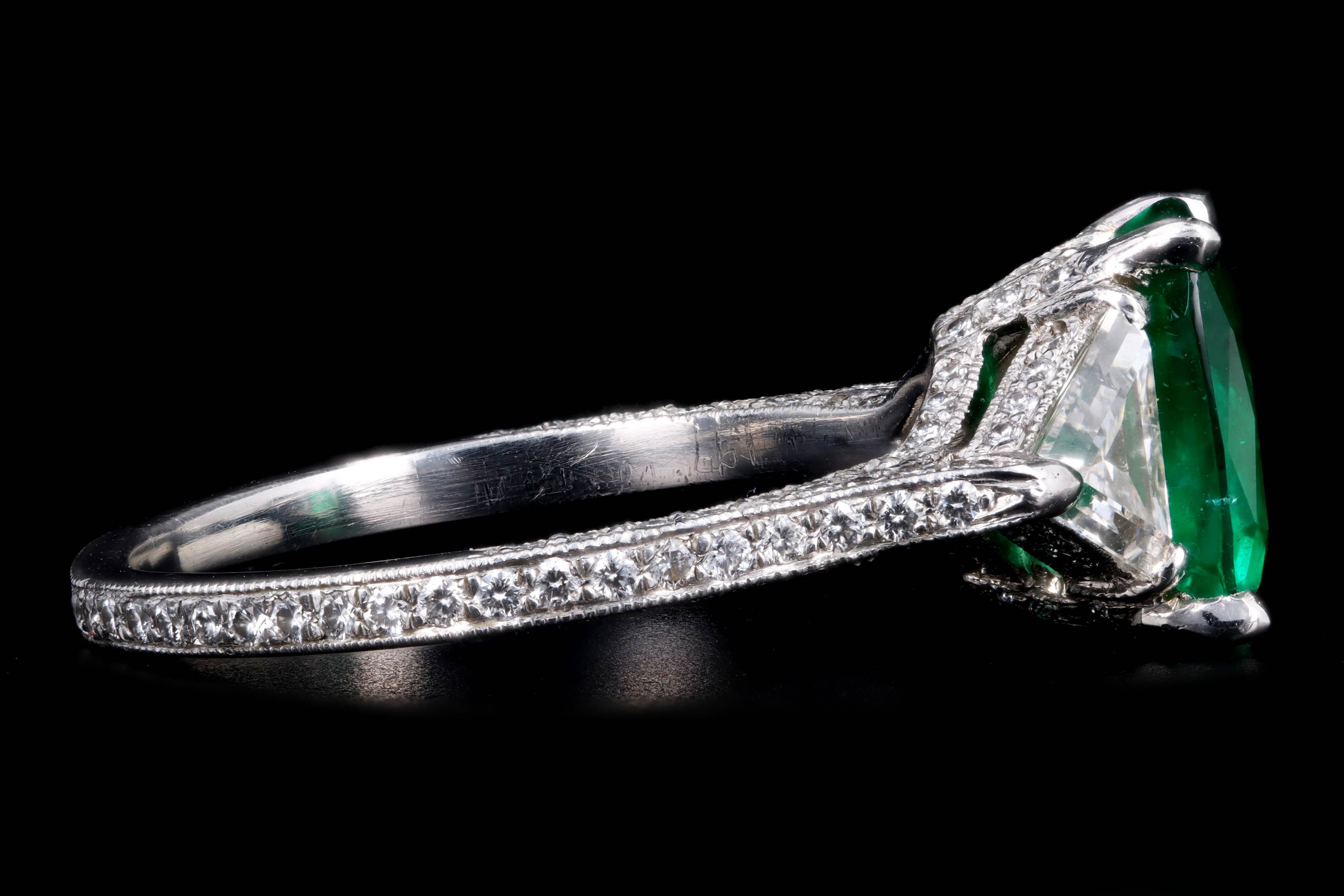 Platinum 1.99 Carat Natural Emerald & Trillion Cut Diamond Ring - Queen May