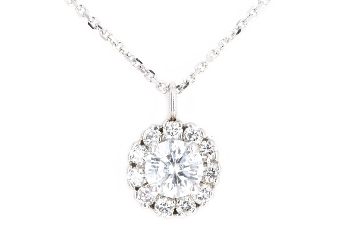 14K White Gold 0.52 Carat Round Brilliant Diamond Halo Pendant Necklace - Queen May