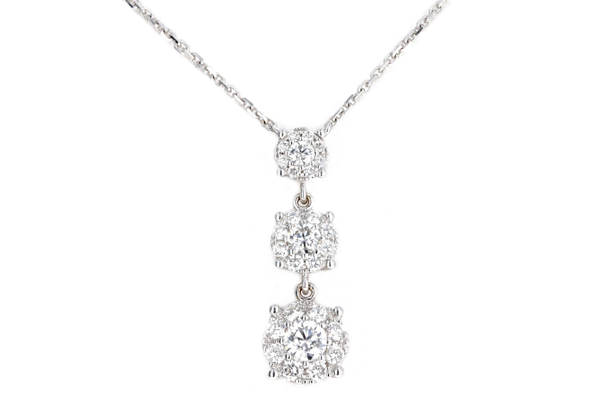 14K White Gold 0.50 Carat Total Weight Round Diamond Graduated Three Stone Halo Pendant Necklace - Queen May
