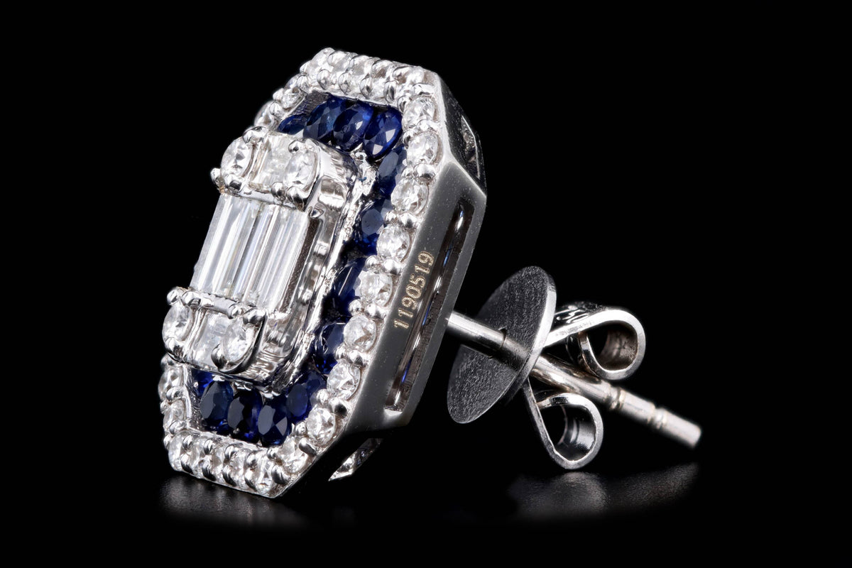 18K White Gold Baguette Cut Diamond & Sapphire Halo Mosaic Earrings - Queen May