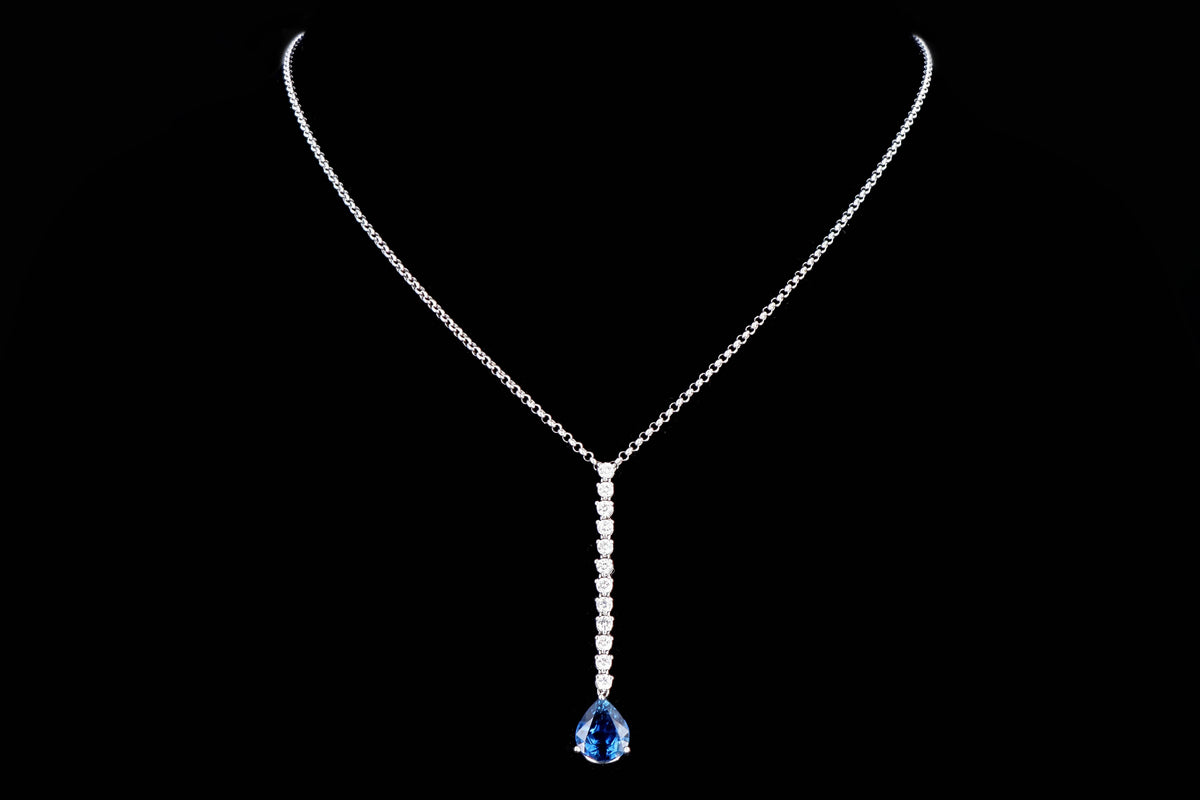 18K White Gold 3.15 Carat Oval Natural No Heat Thai Sapphire & Diamond Pendant Necklace - Queen May
