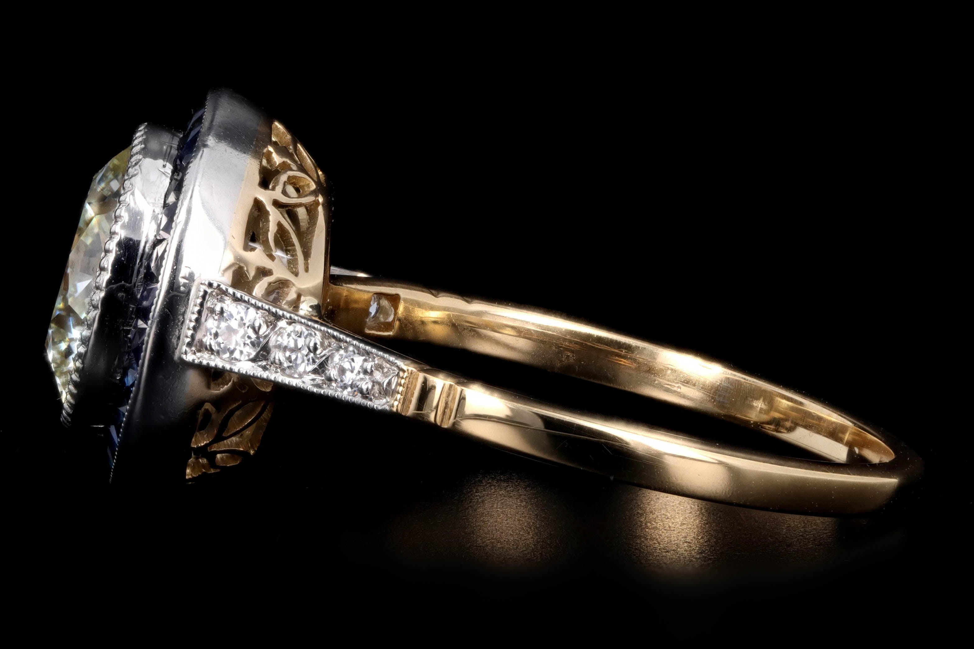 Art Deco Inspired 18K Yellow Gold Platinum 2.12 Carat Round Brilliant Diamond Natural Sapphire Halo Engagement Ring - Queen May
