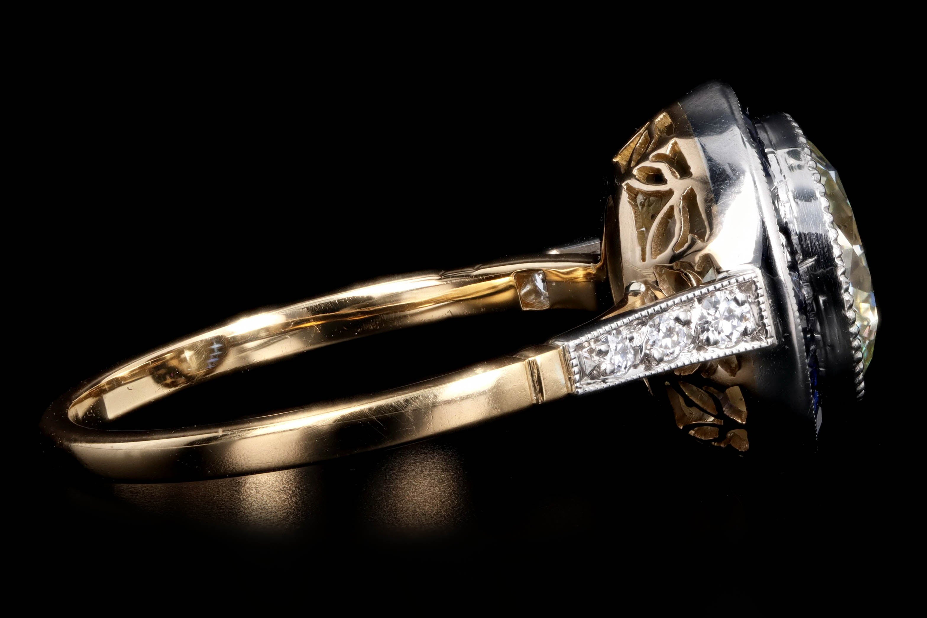 Art Deco Inspired 18K Yellow Gold Platinum 2.12 Carat Round Brilliant Diamond Natural Sapphire Halo Engagement Ring - Queen May