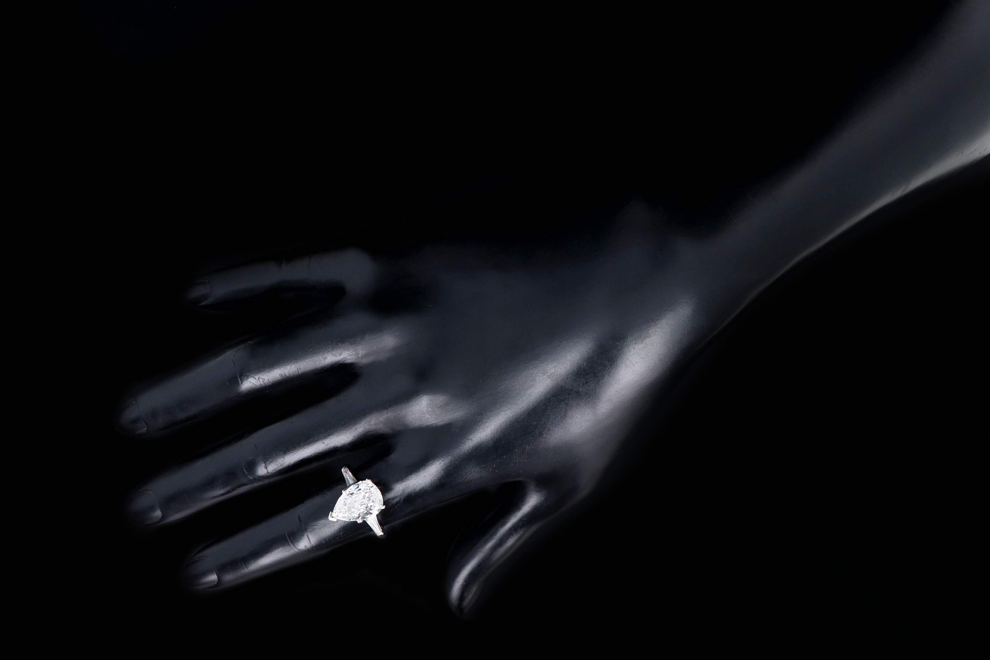 Platinum 4.03 Carat Pear Diamond Three Stone Baguette Engagement Ring GIA Certified - Queen May
