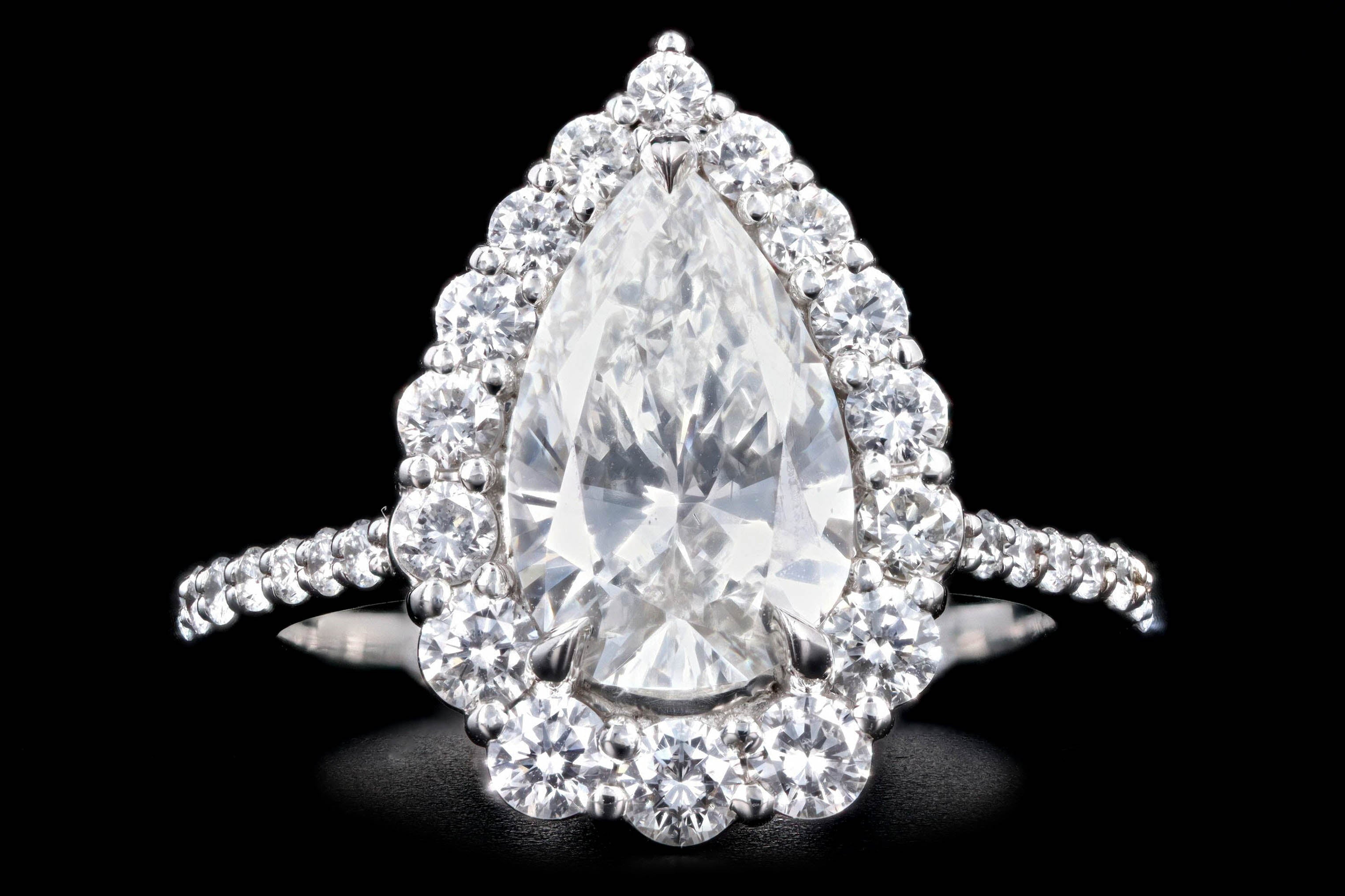 Platinum 2.10 Carat Pear Cut Diamond Graduated Halo Engagement Ring GIA Certified - Queen May