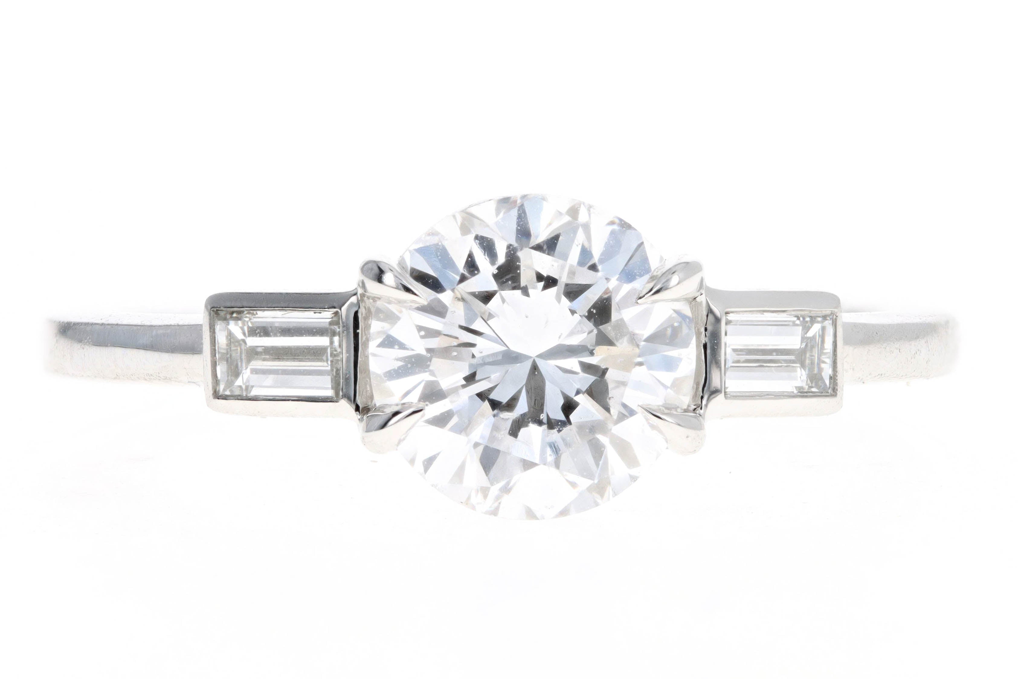 Platinum 1.37 Carat Round Brilliant Diamond Baguette Three Stone Engagement Ring GIA Certified - Queen May