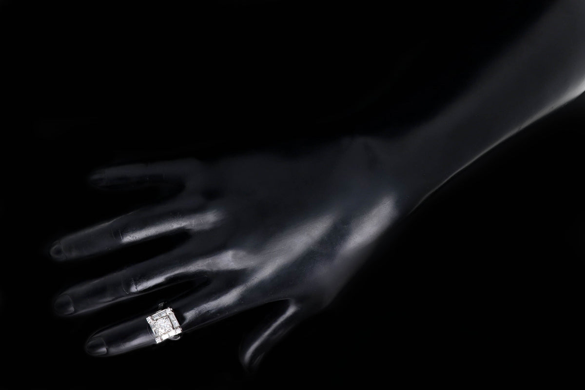 Art Deco Platinum 1 Carat Old European Cut Diamond Baguette Halo Ring - Queen May