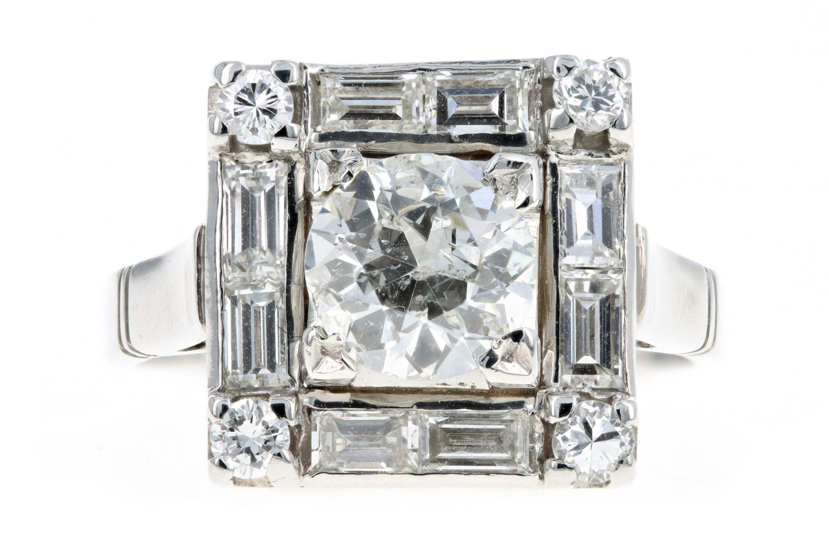 Art Deco Platinum 1 Carat Old European Cut Diamond Baguette Halo Ring - Queen May