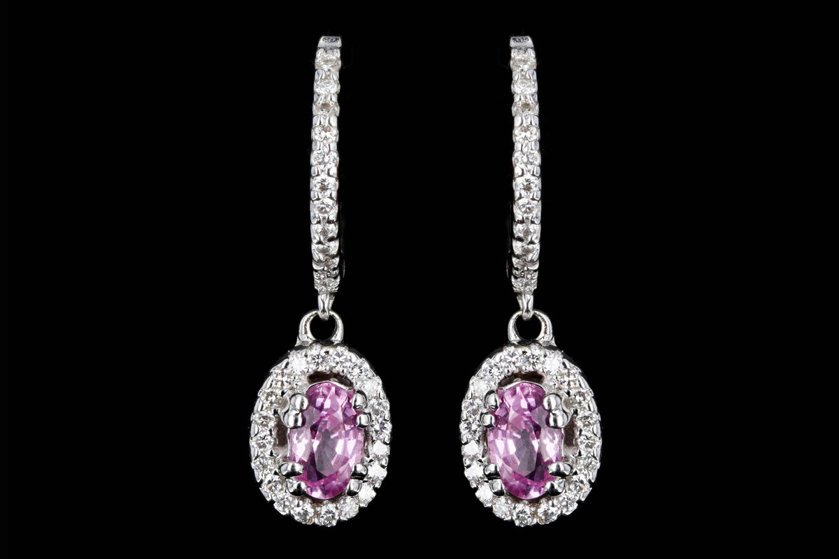 18K White Gold Oval Natural Pink Sapphire & Diamond Halo Drop Earrings - Queen May