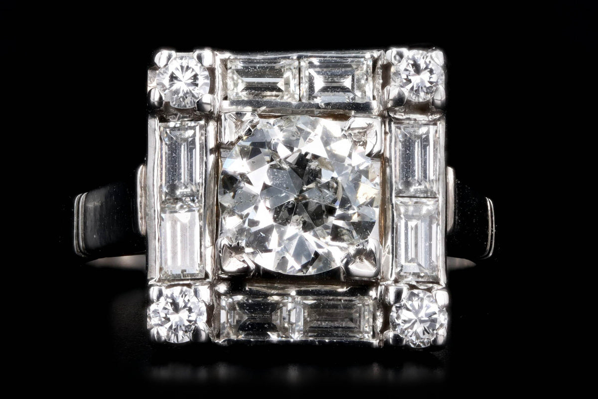 Art Deco Platinum 1 Carat Old European Cut Diamond Baguette Halo Ring - Queen May