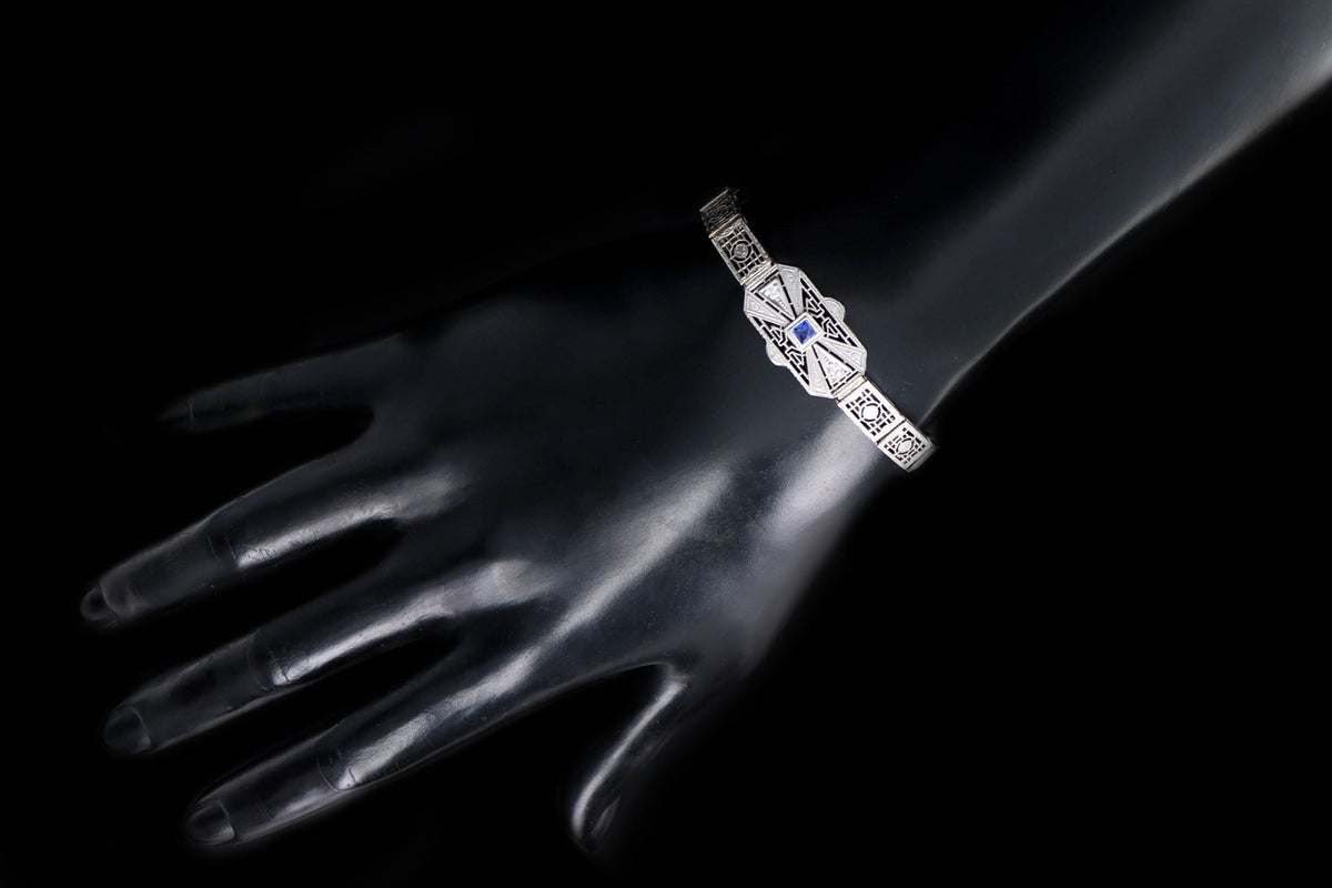 Art Deco 14K White Gold .20 Carat Synthetic Sapphire & Diamond Filigree Bracelet - Queen May