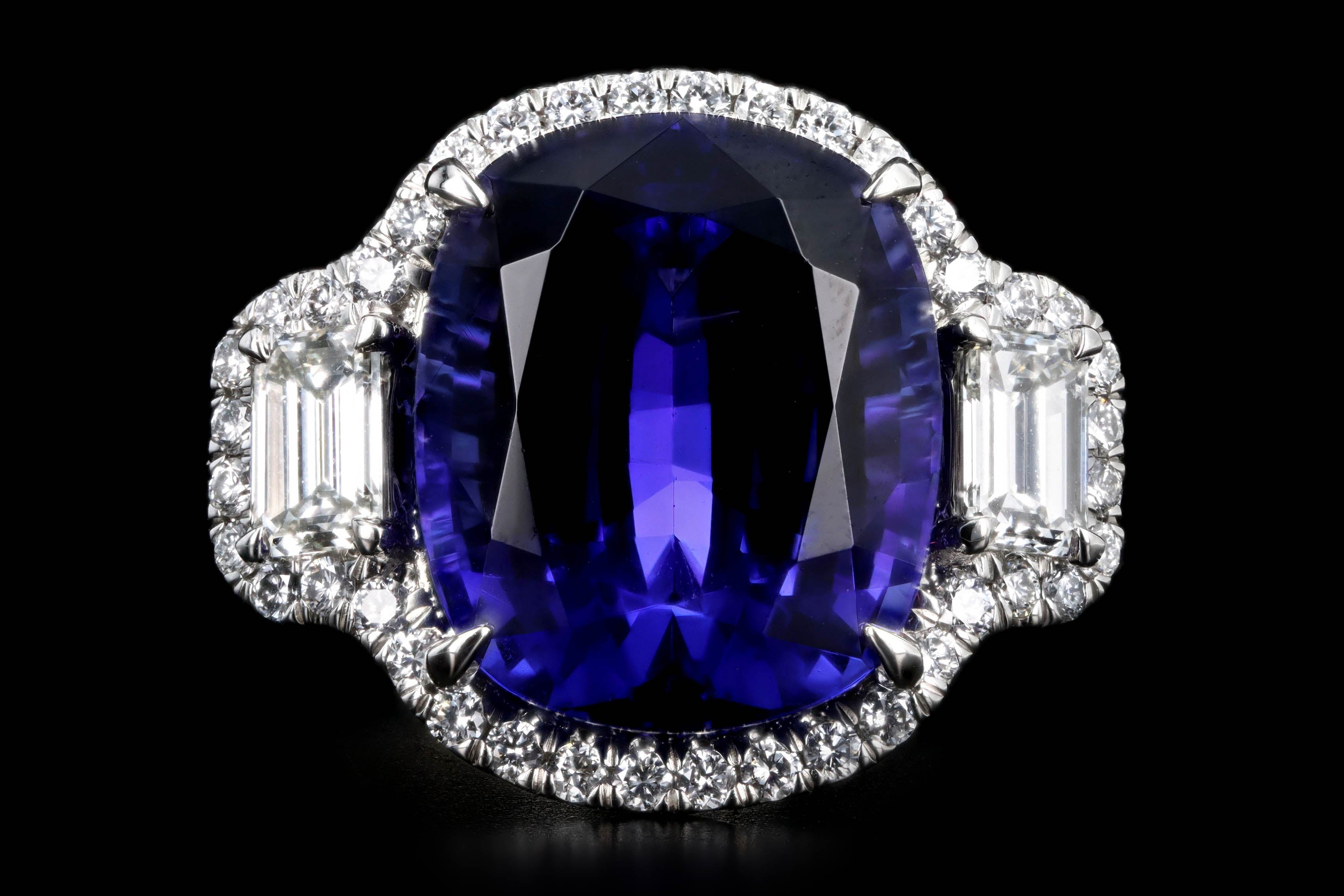 Platinum 13.6 Carat Cushion Tanzanite & Diamond Ring - Queen May