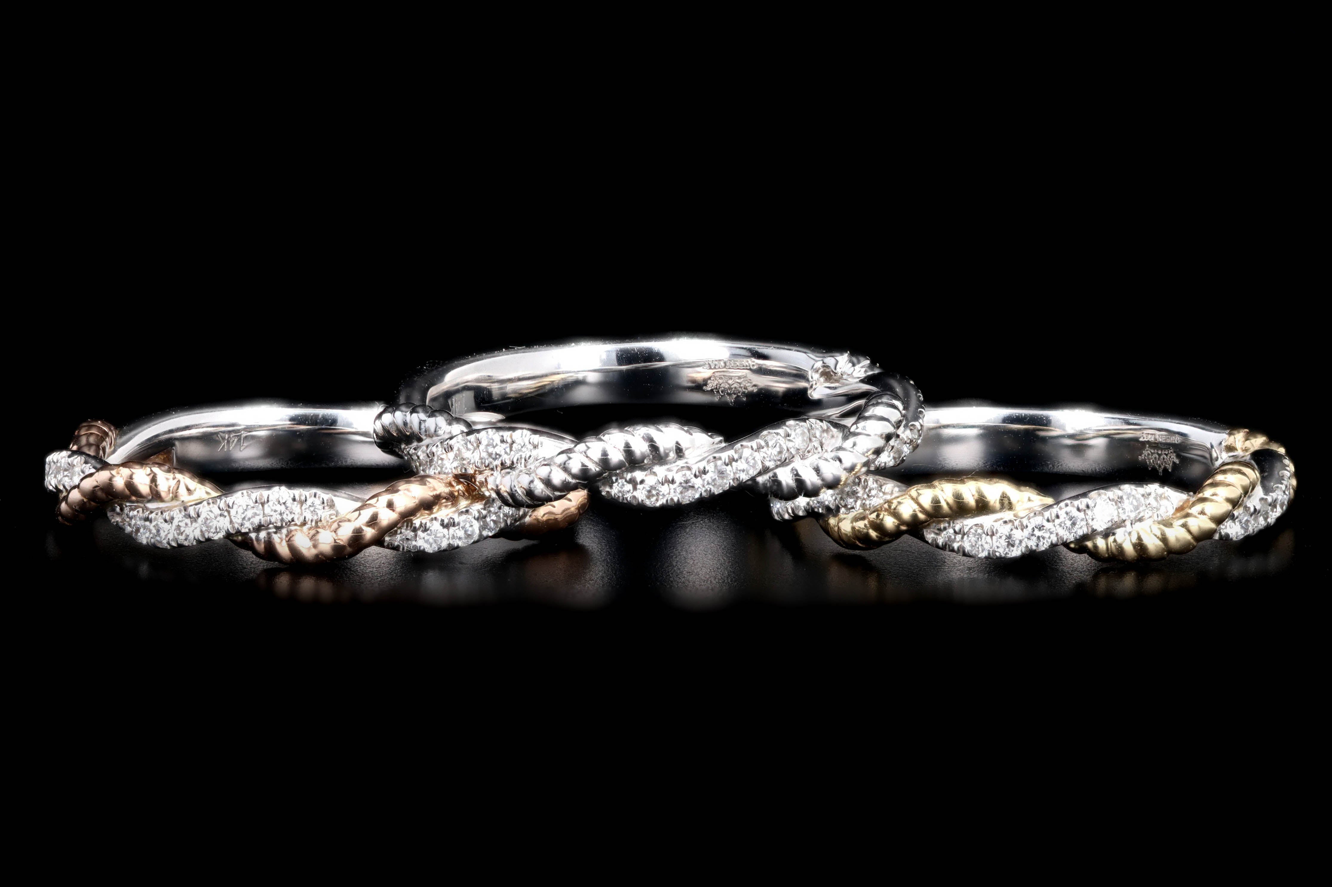 14K Gold Twisted Rope Diamond Stackable Wedding Band - Queen May