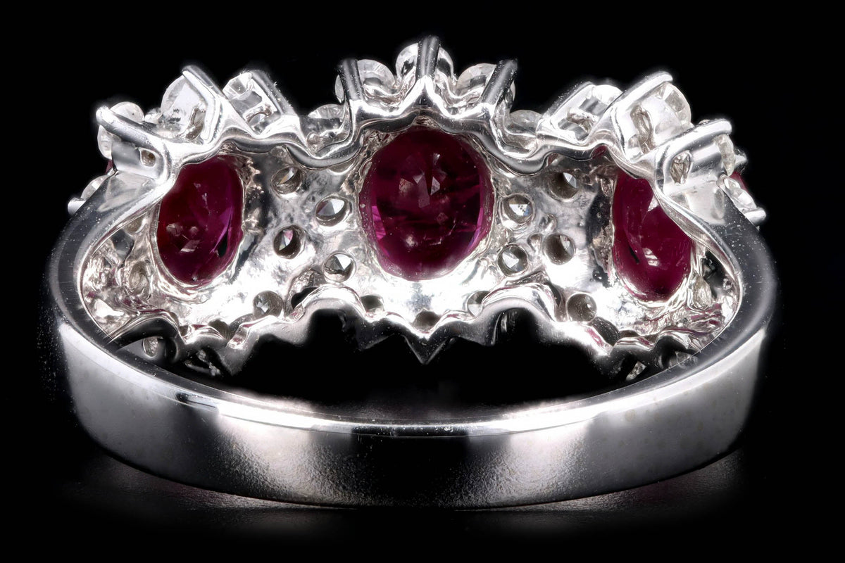 14K White Gold Oval Natural Ruby & Diamond Halo Three Stone Band - Queen May