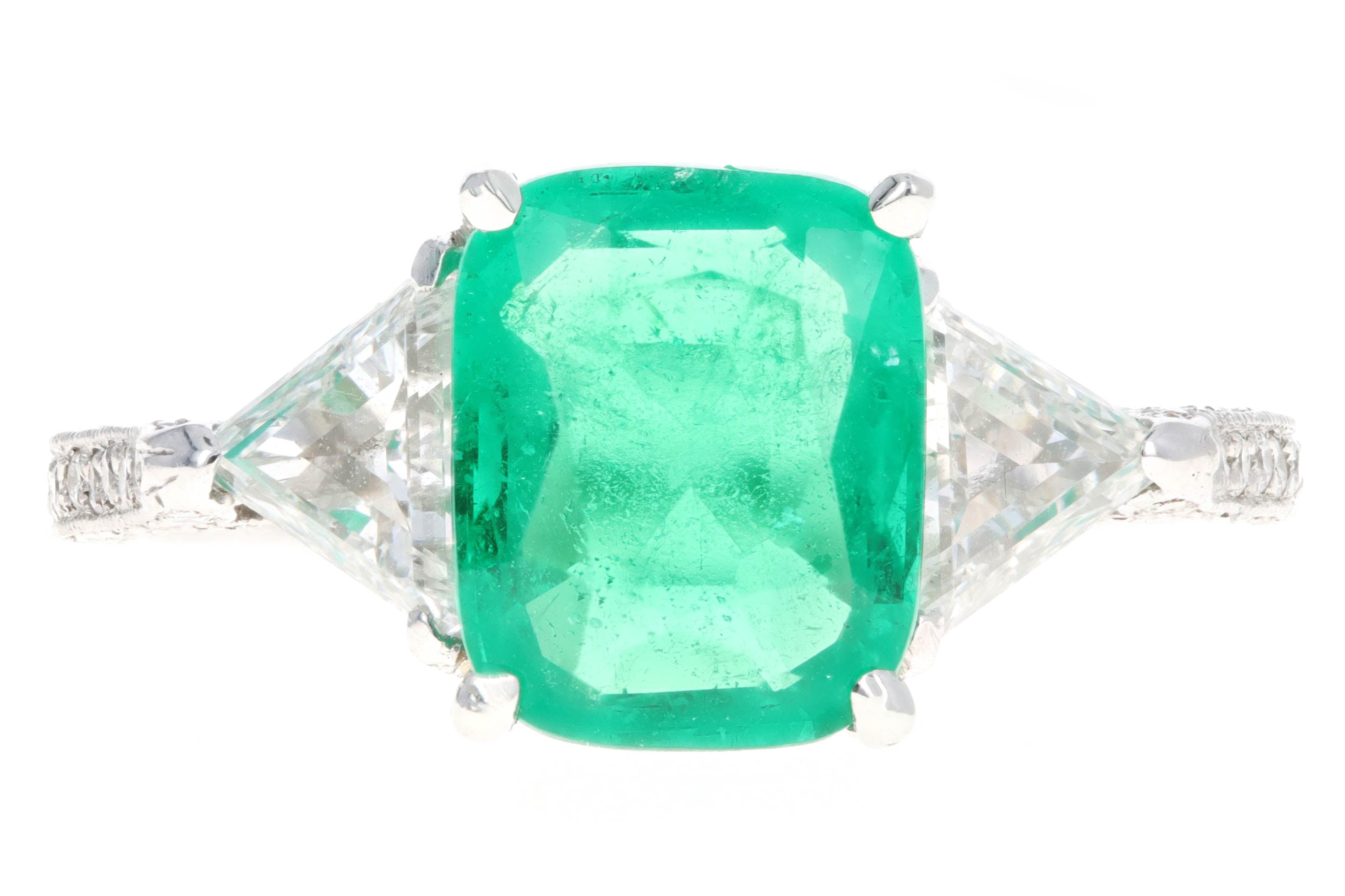 Platinum 1.99 Carat Natural Emerald & Trillion Cut Diamond Ring - Queen May