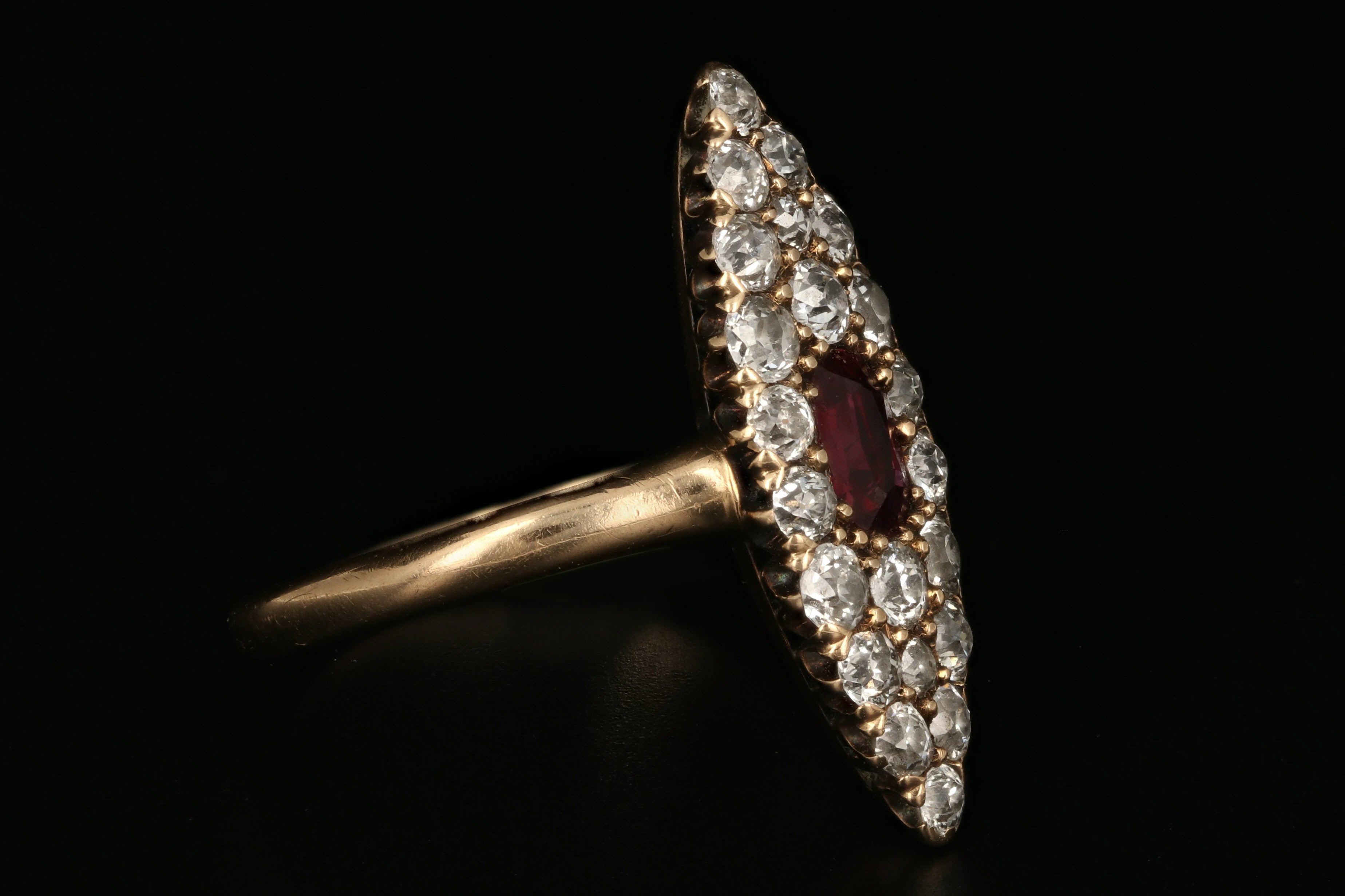 Victorian 14K Gold .30 Carat Ruby and Old European Diamond Navette Ring - Queen May