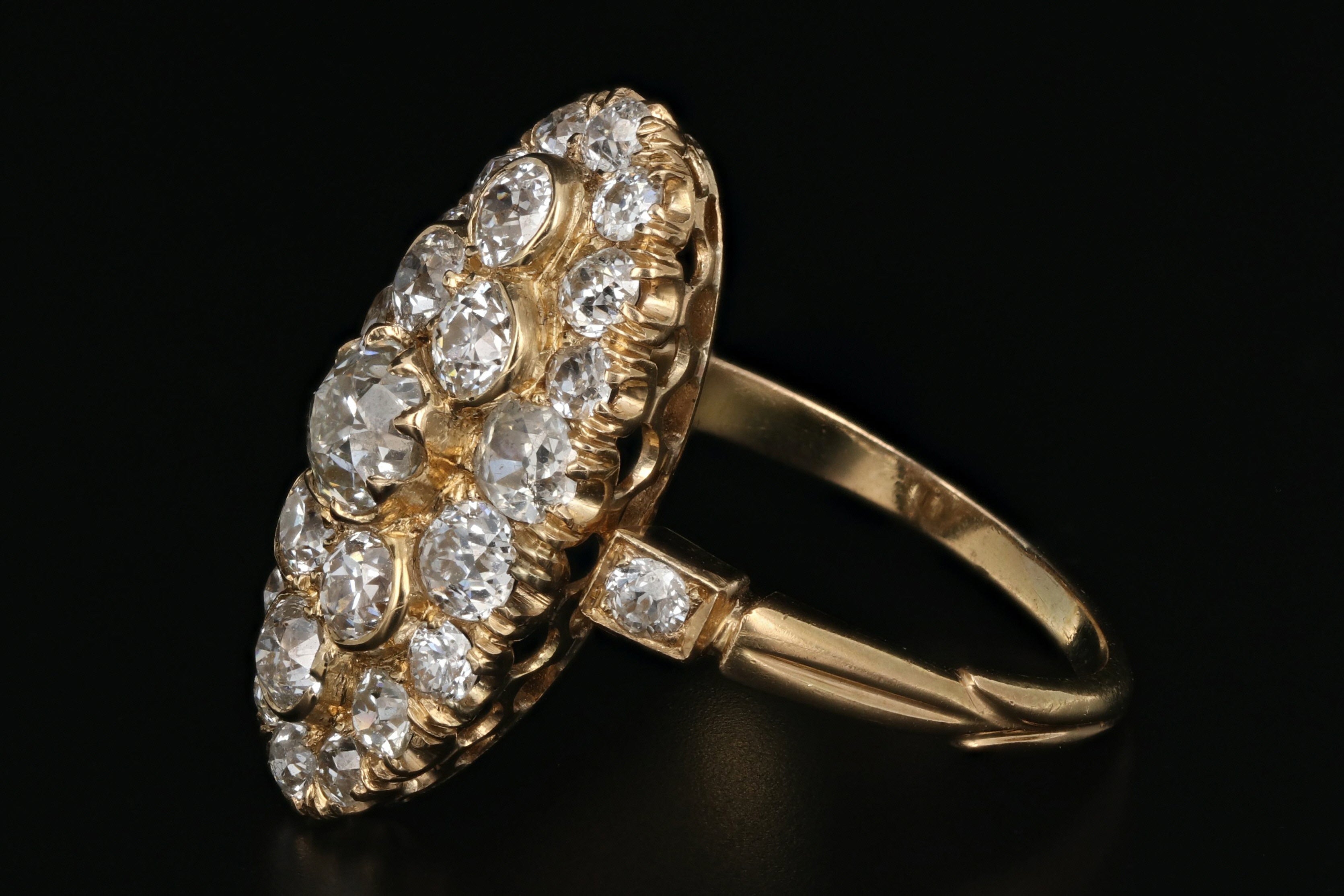 Victorian 18K Yellow Gold 2.33 Carat Total Weight Diamond Navette Ring - Queen May