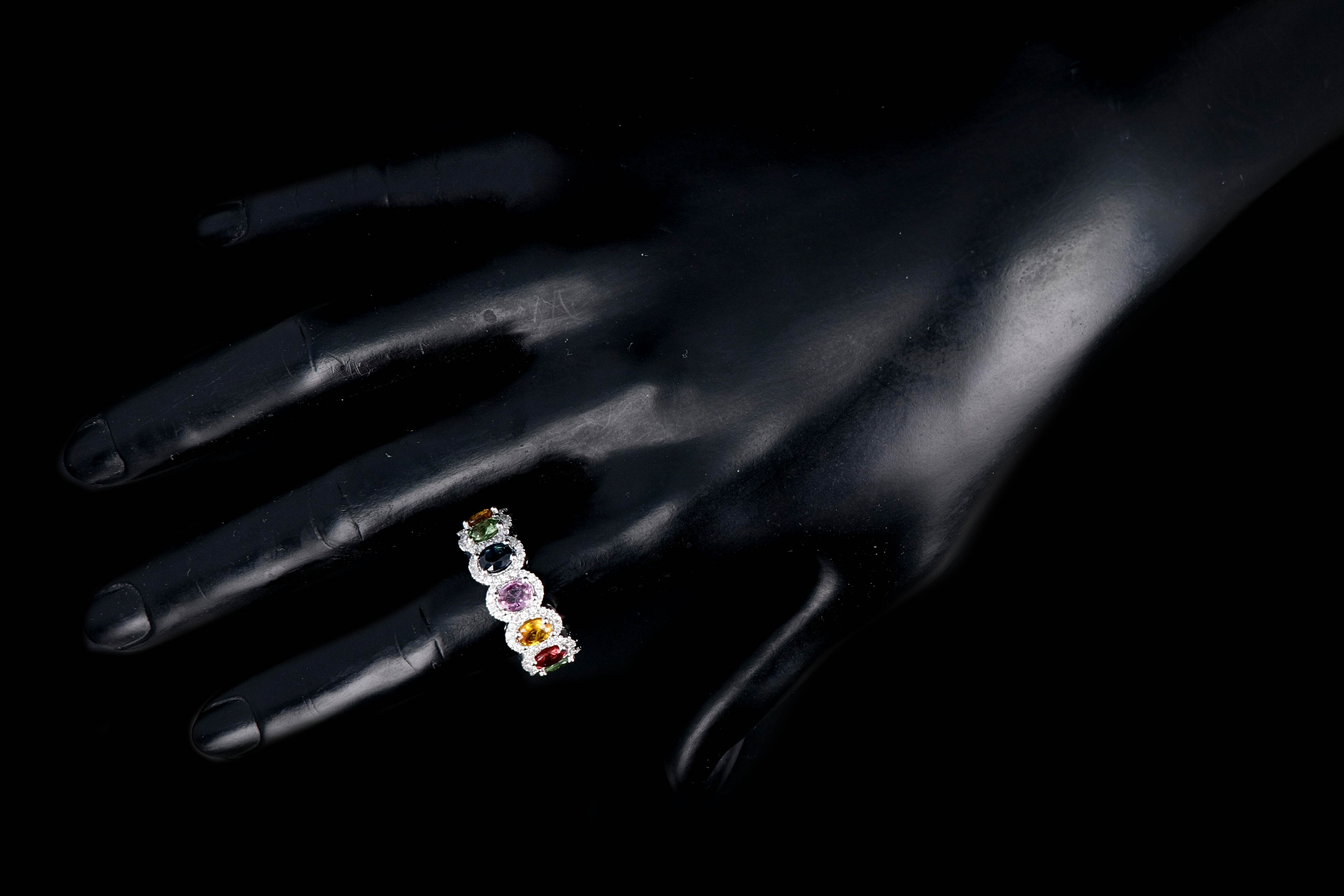 New 18K White Gold Oval Cut Multi Color Sapphire and Diamond Band - Queen May