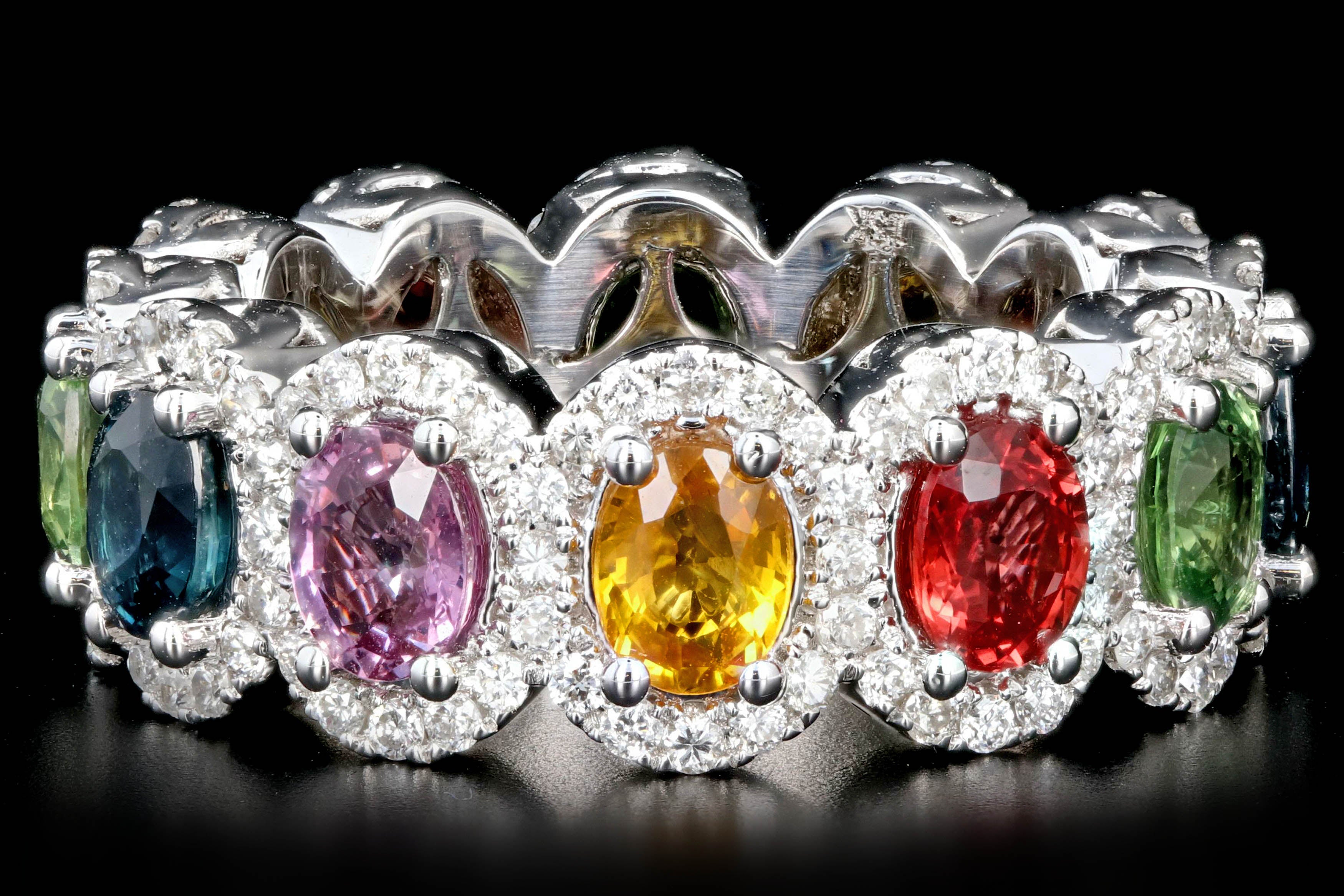 New 18K White Gold Oval Cut Multi Color Sapphire and Diamond Band - Queen May