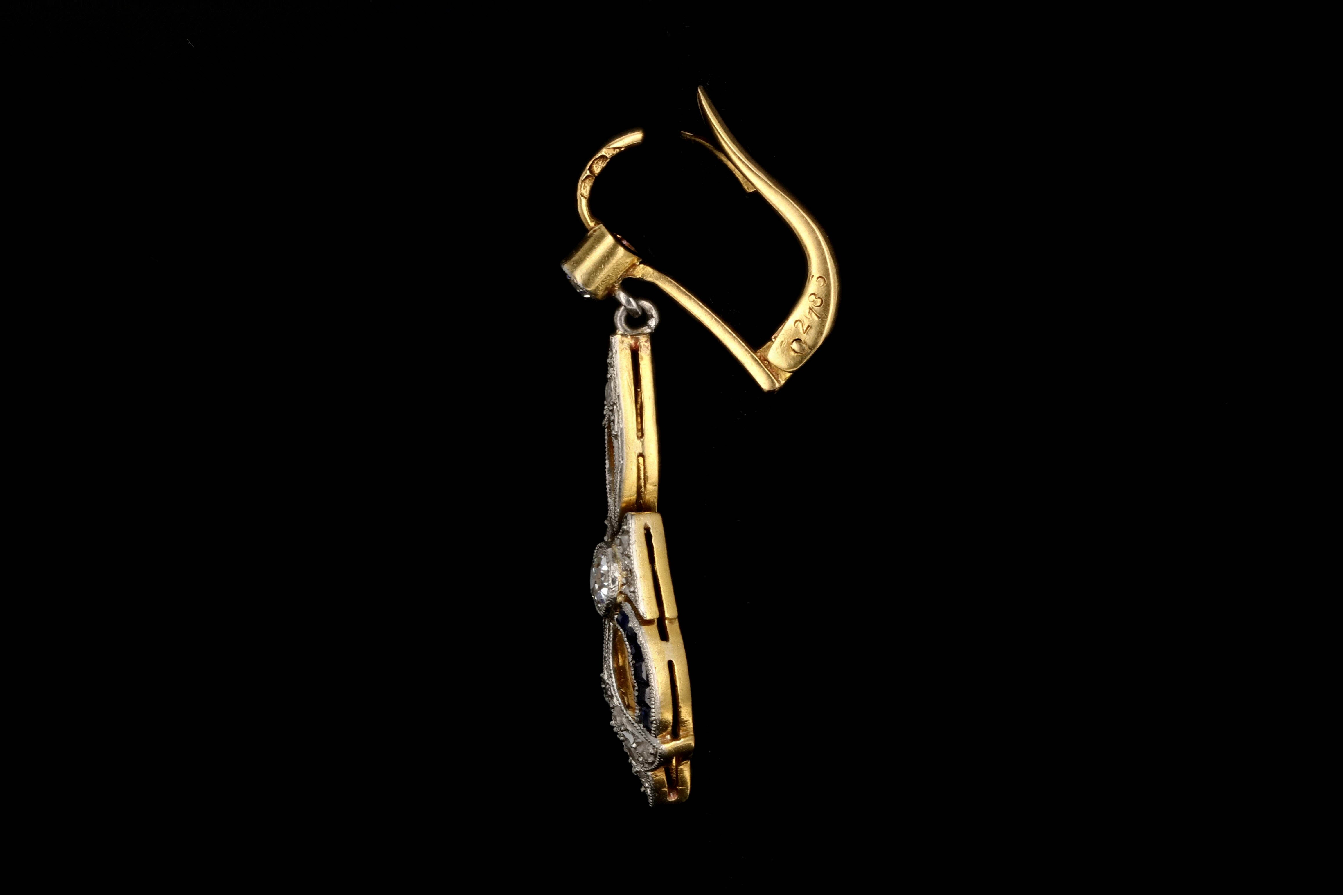 Edwardian French 18K Yellow Gold & Platinum Diamond and Sapphire Earrings - Queen May