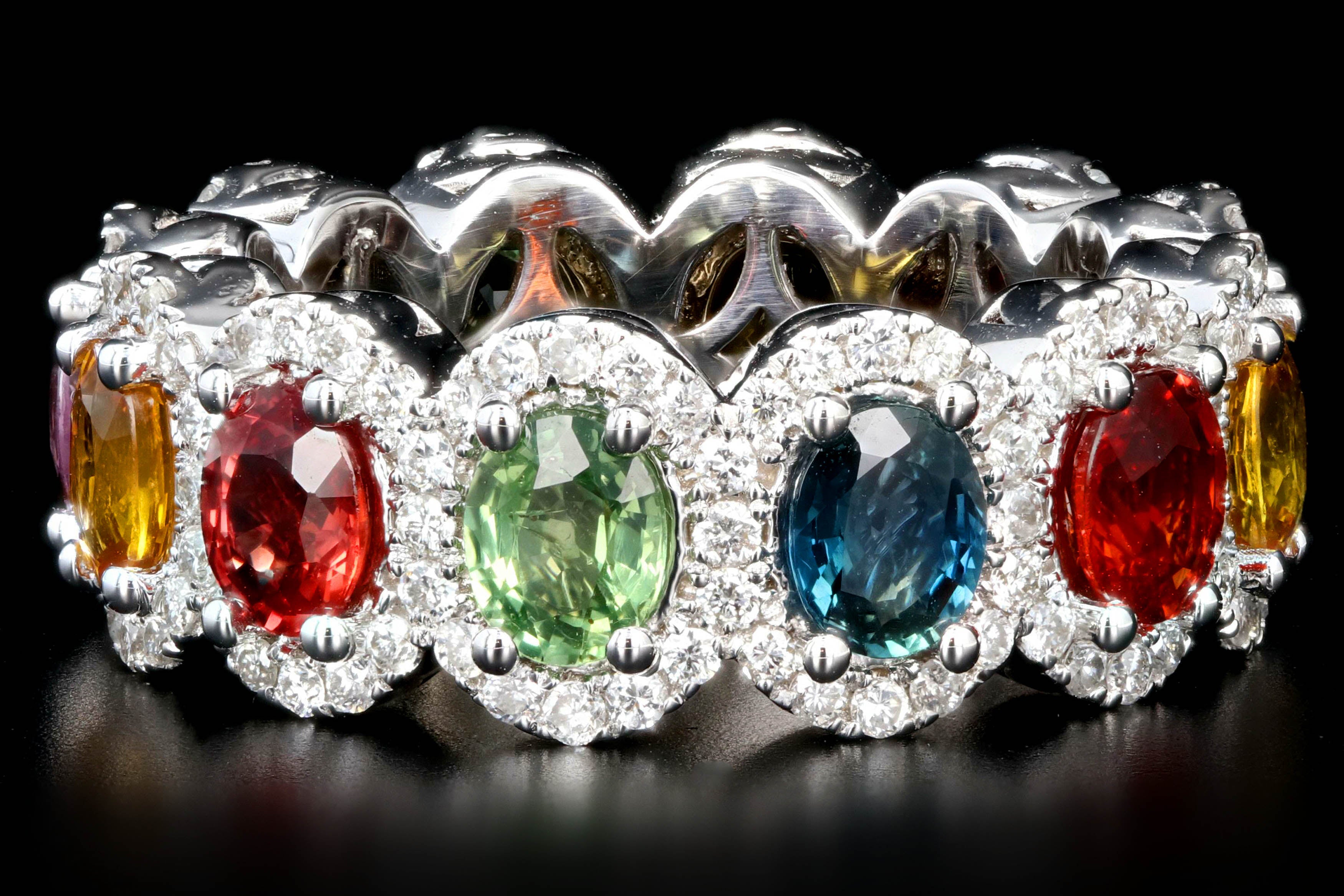 New 18K White Gold Oval Cut Multi Color Sapphire and Diamond Band - Queen May