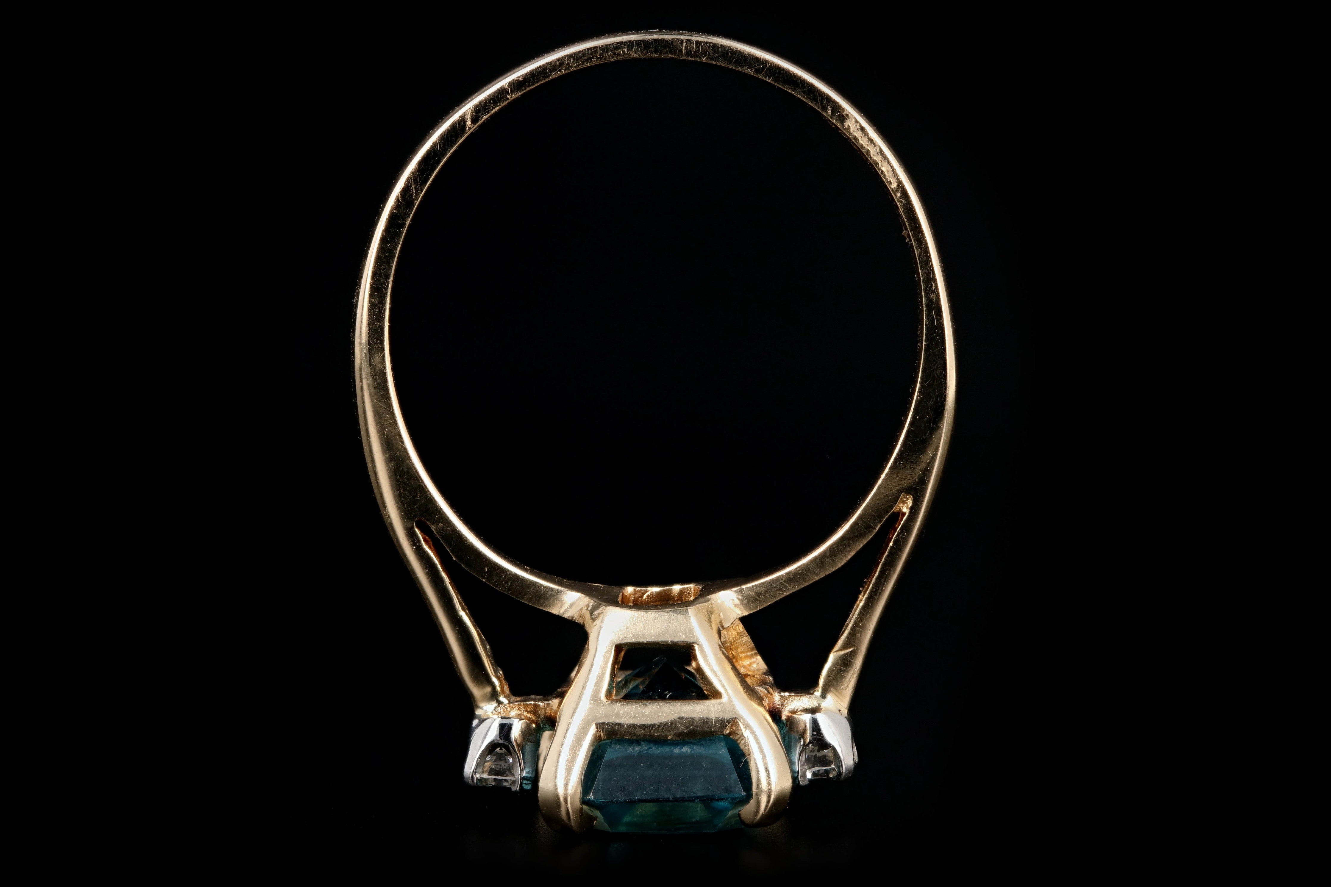 Modern 14K Yellow Gold 5 CT Emerald Cut Blue Zircon and Diamond Ring - Queen May