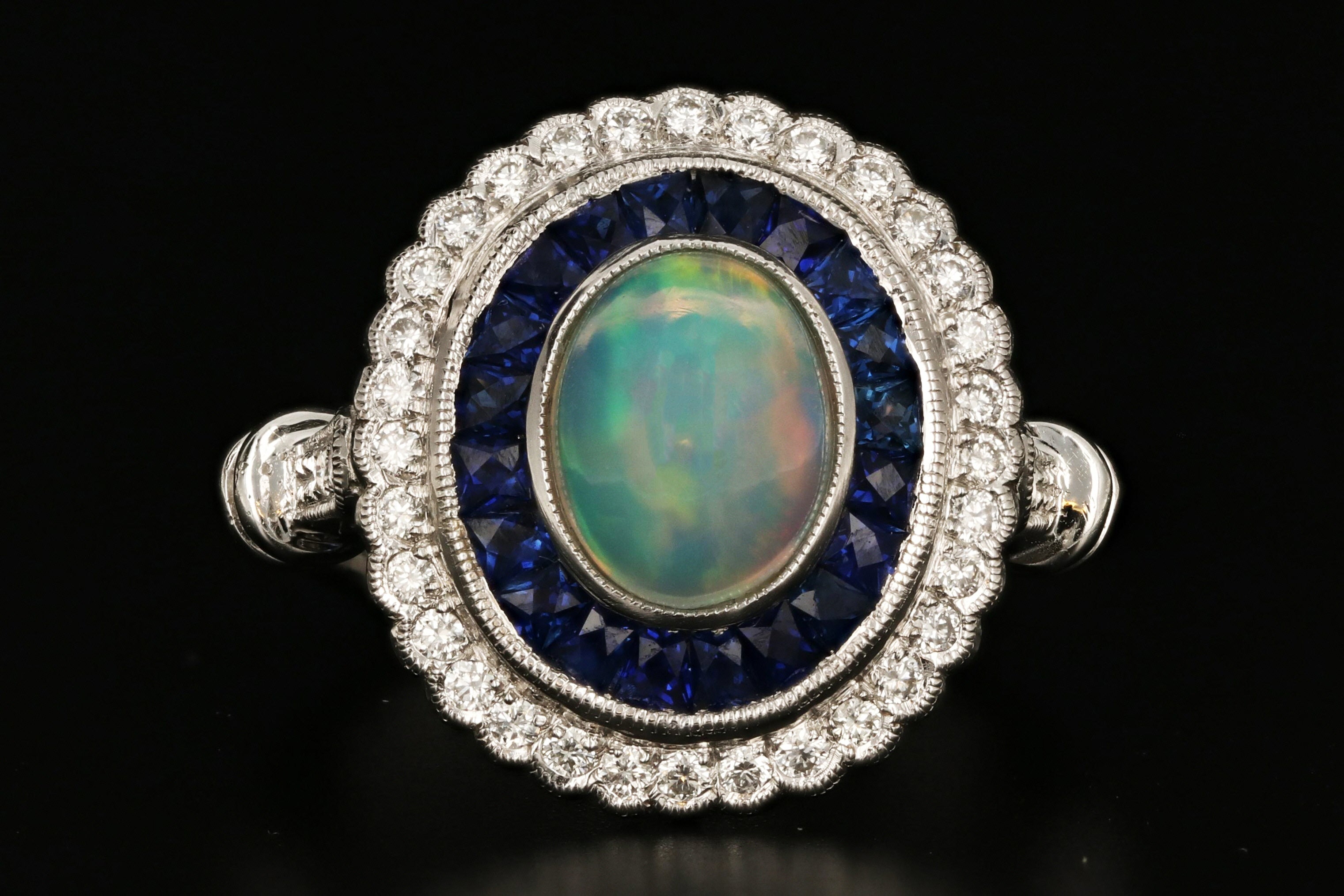 Edwardian Style 18K Gold Opal, Sapphire & Diamond Ring - Queen May